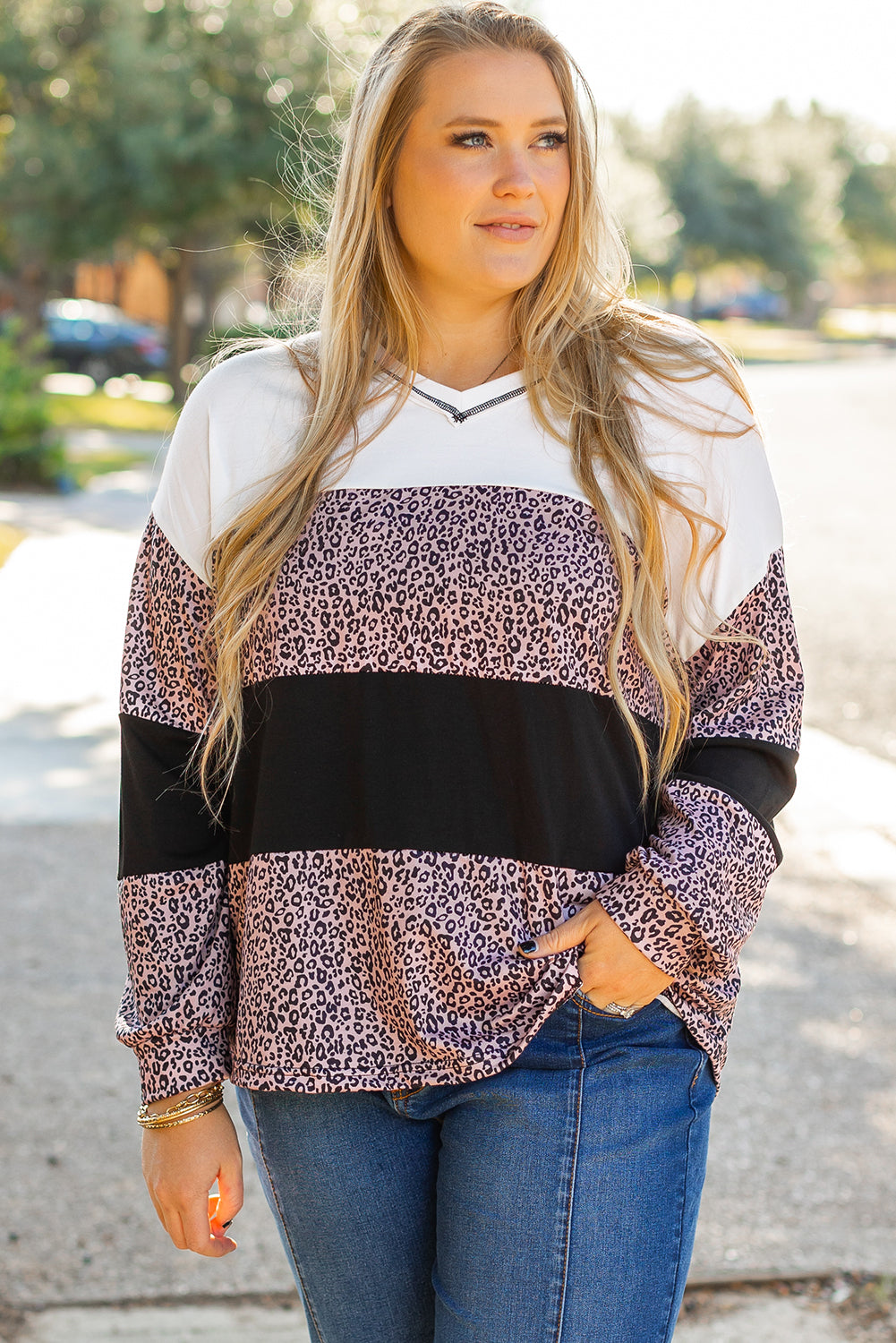 Black Leopard Print Colorblock V Neck Long Sleeve Plus Size Top 🇺🇸