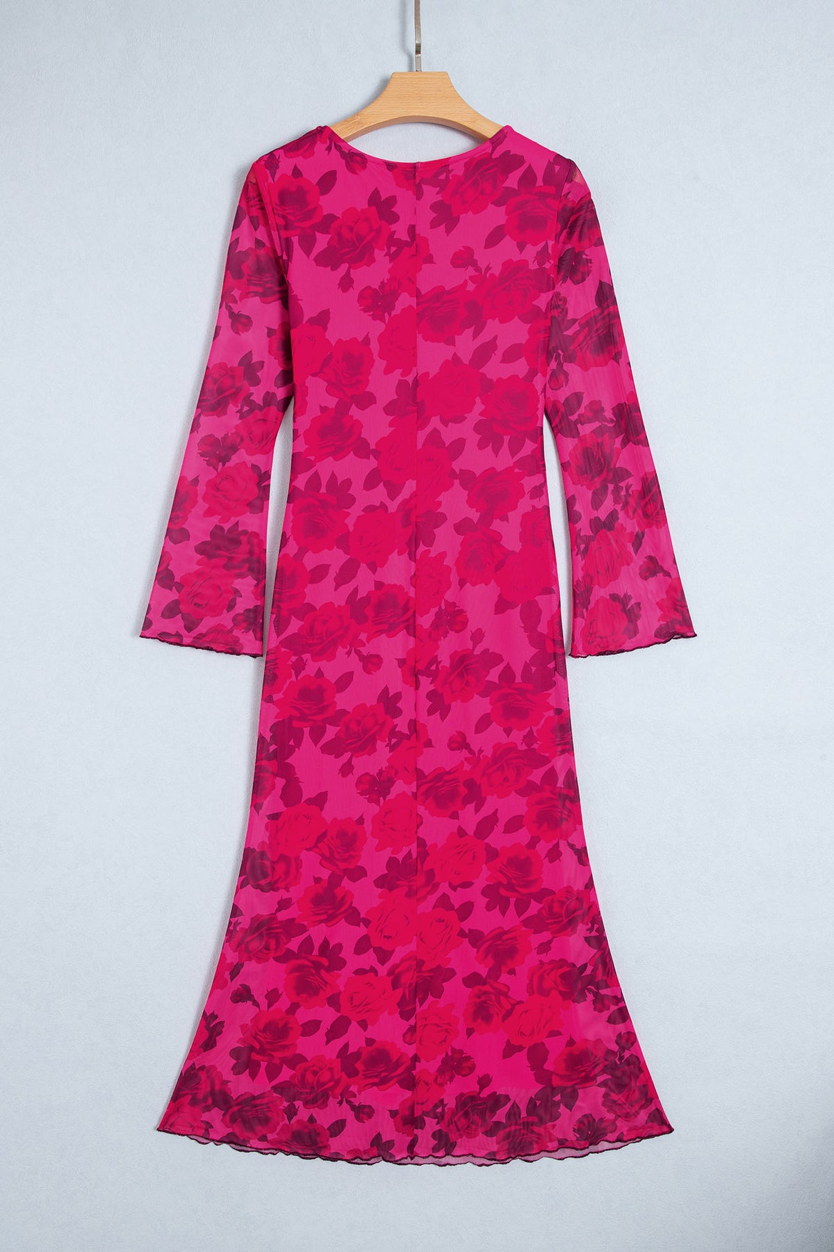 Red Floral Print Cuff Hem Serging Long Sleeve Sheath Dress 🇺🇸
