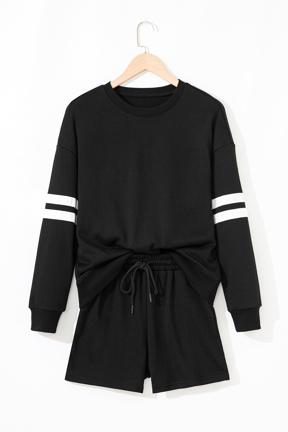 Black Varsity Striped Sleeve Drop Shoulder Sweatshirt and Short Set 🇺🇲