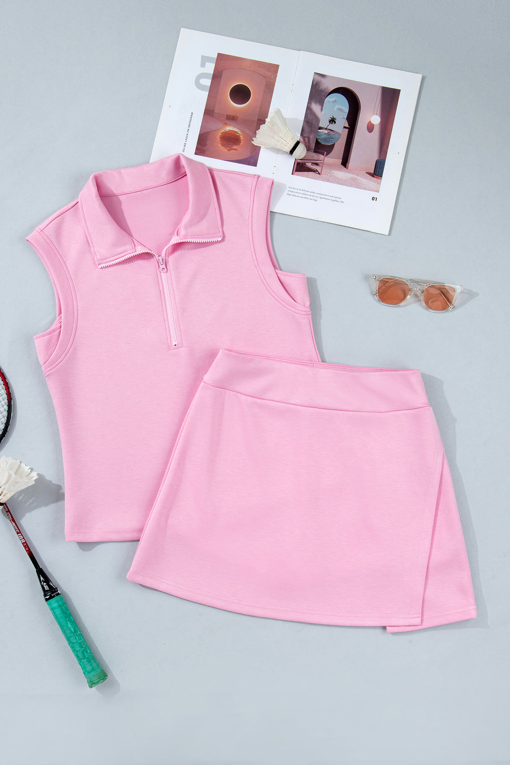 Pink Solid Color Sleeveless Zipper Tank and Skort Set