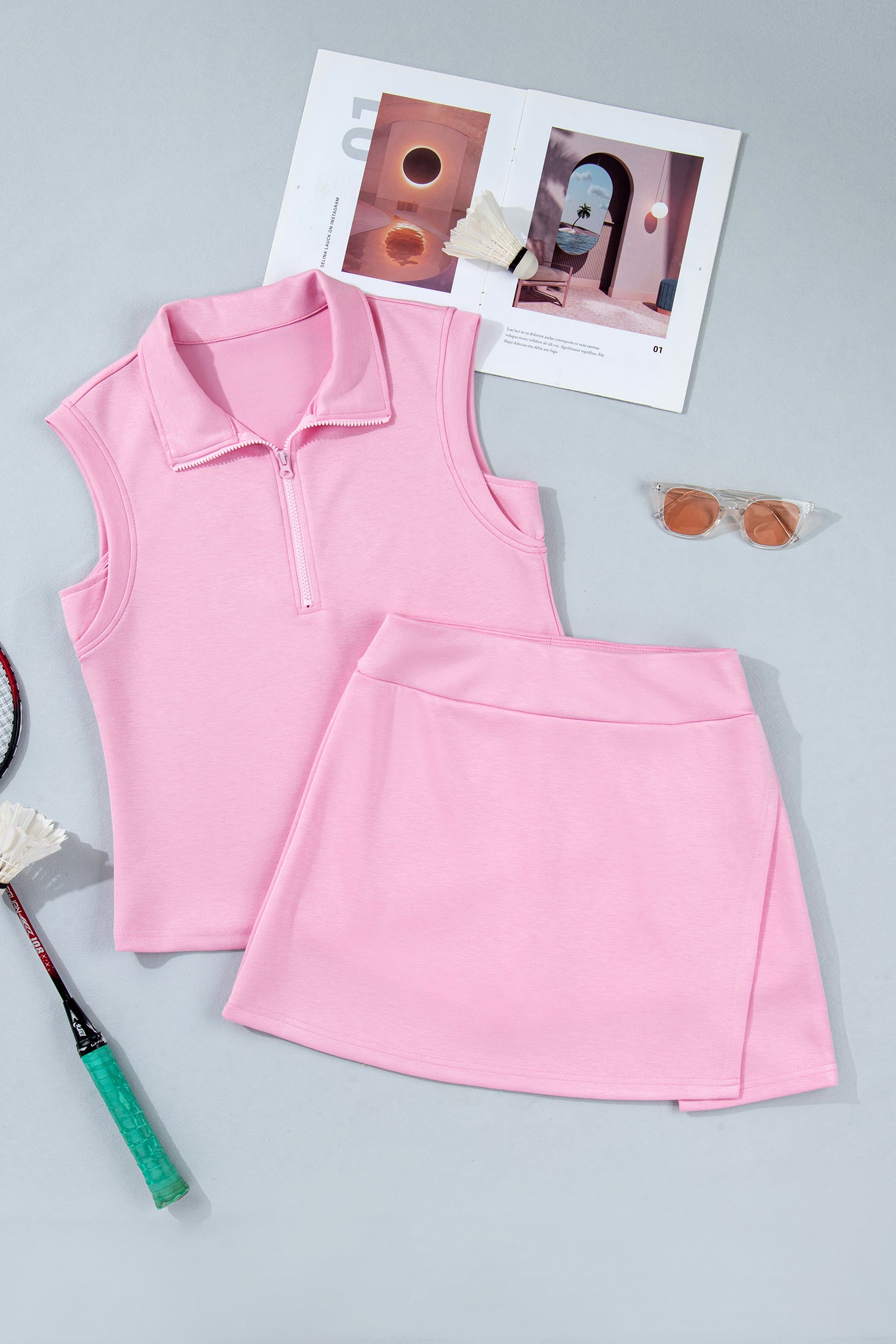 Pink Solid Color Sleeveless Zipper Tank and Skort Set