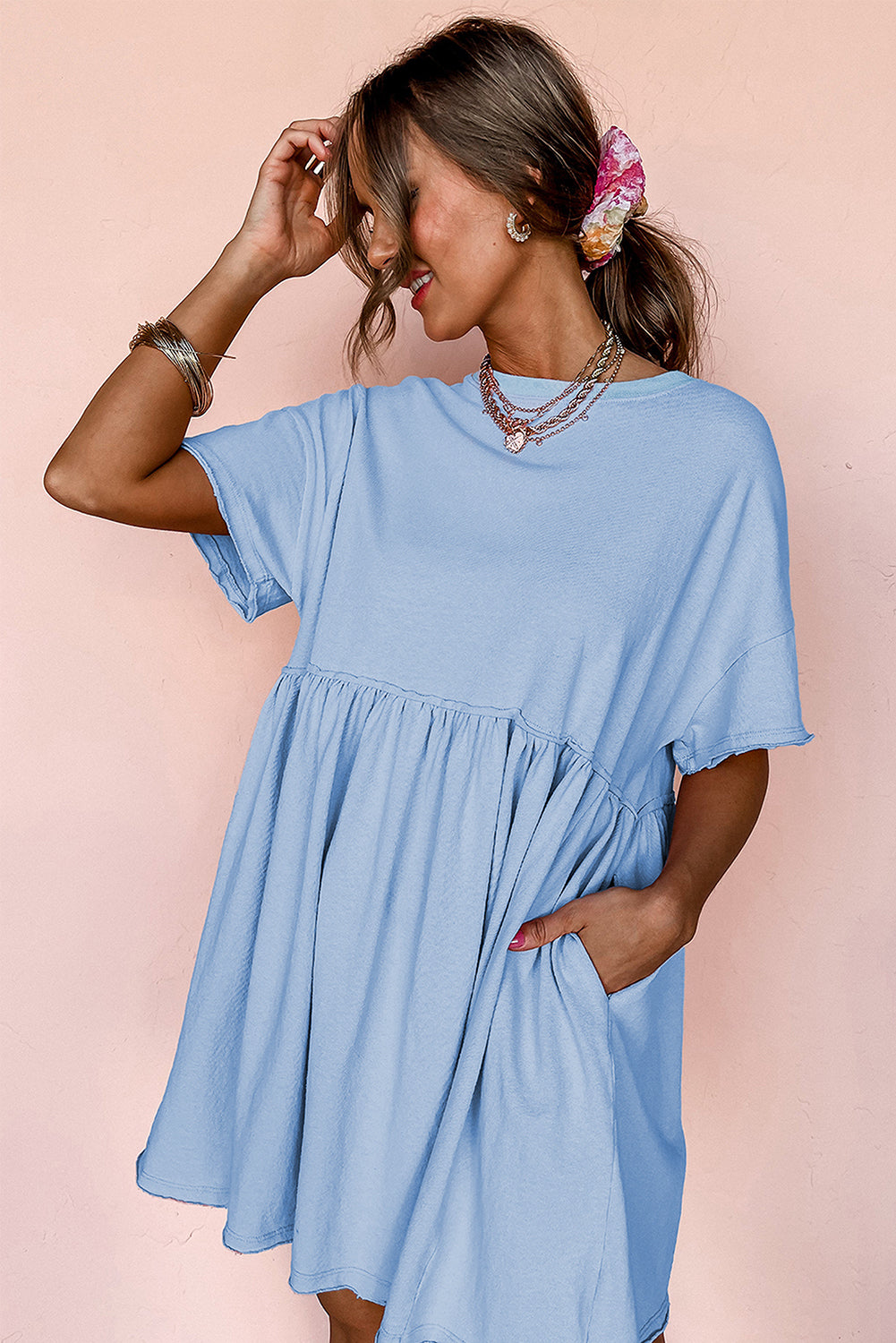 Sky Blue Solid Color Pocketed Raw Edge Babydoll Dress 🇨🇳