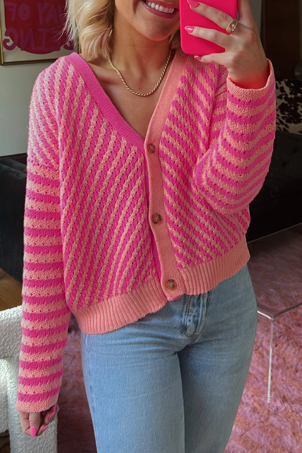 Pink Striped Buttoned V Neck Drop Shoulder Cardigan 🇨🇳