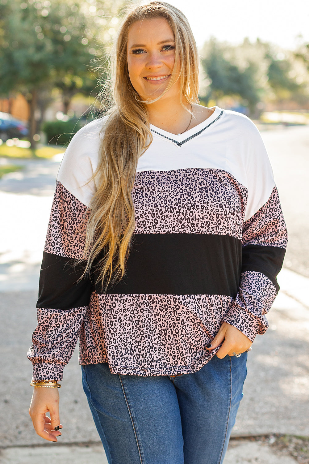 Black Leopard Print Colorblock V Neck Long Sleeve Plus Size Top 🇺🇸