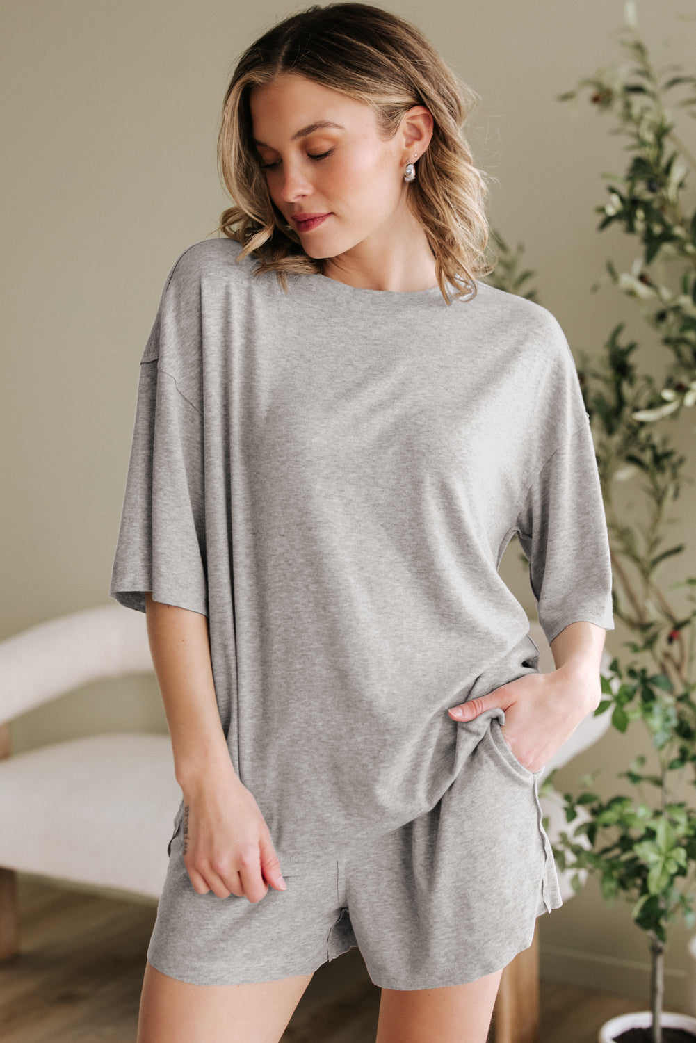 Gray Solid Color Loose Tee 2 Piece Shorts Set 🇨🇳