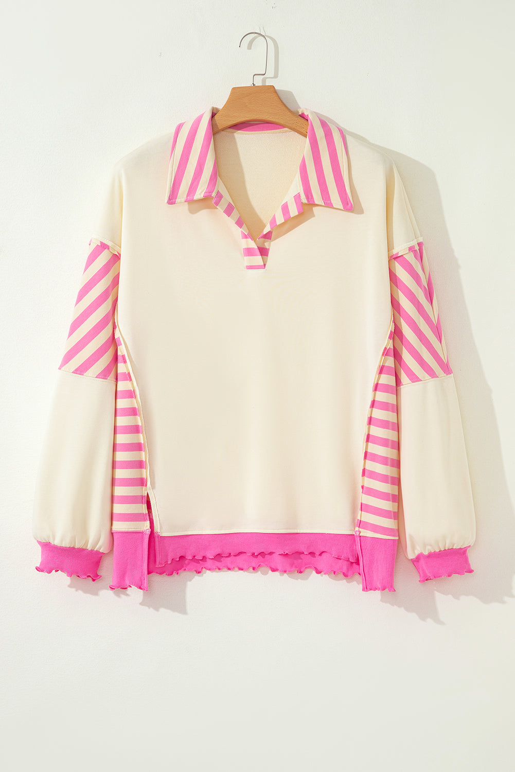 Pink Stripe Contrast Polo Collar Drop Shoulder Patchwork Plus Size Pullover 🇺🇸