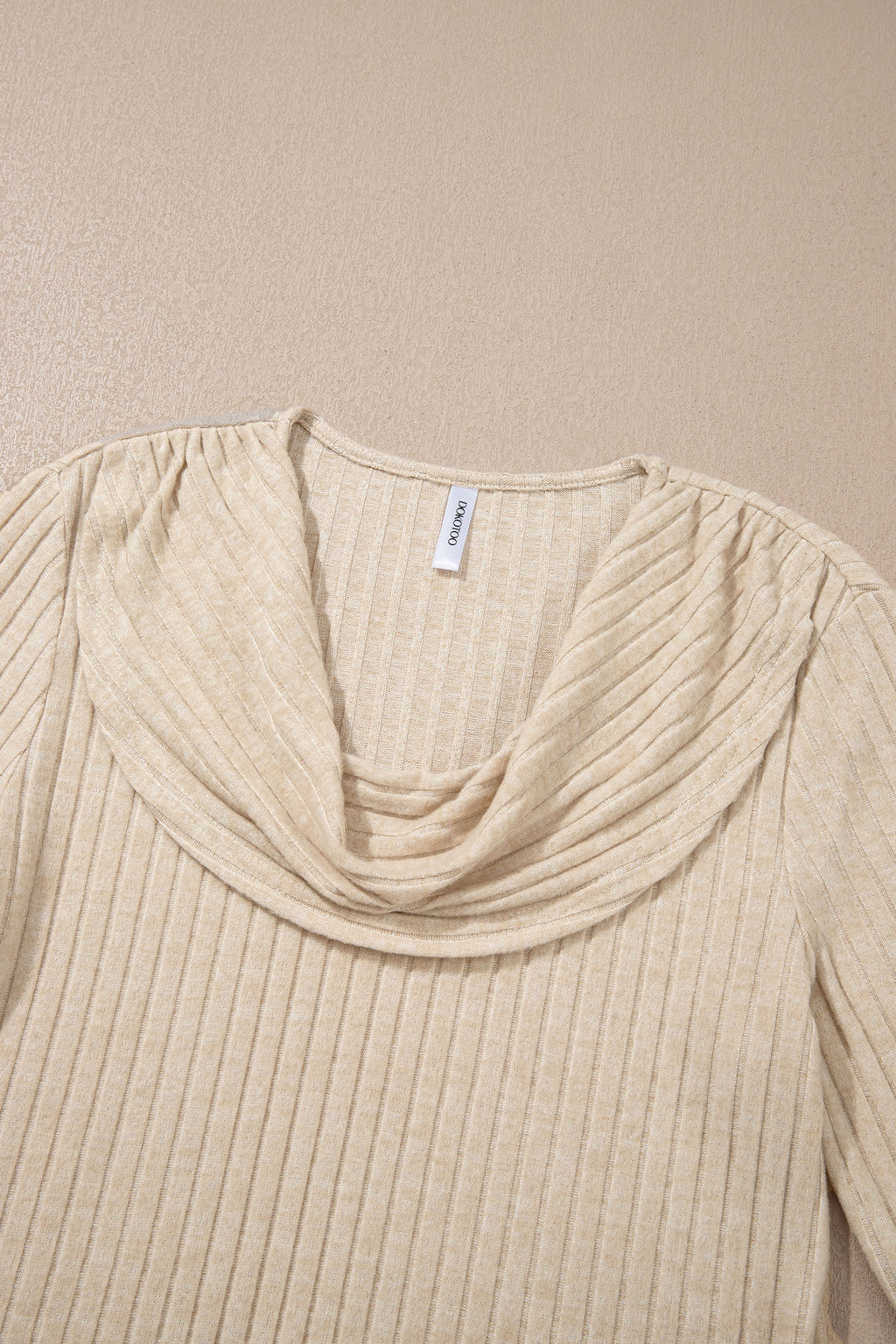 Apricot Solid Color Ribbed Knit Cowl Neck Long Sleeve Top 🇺🇸