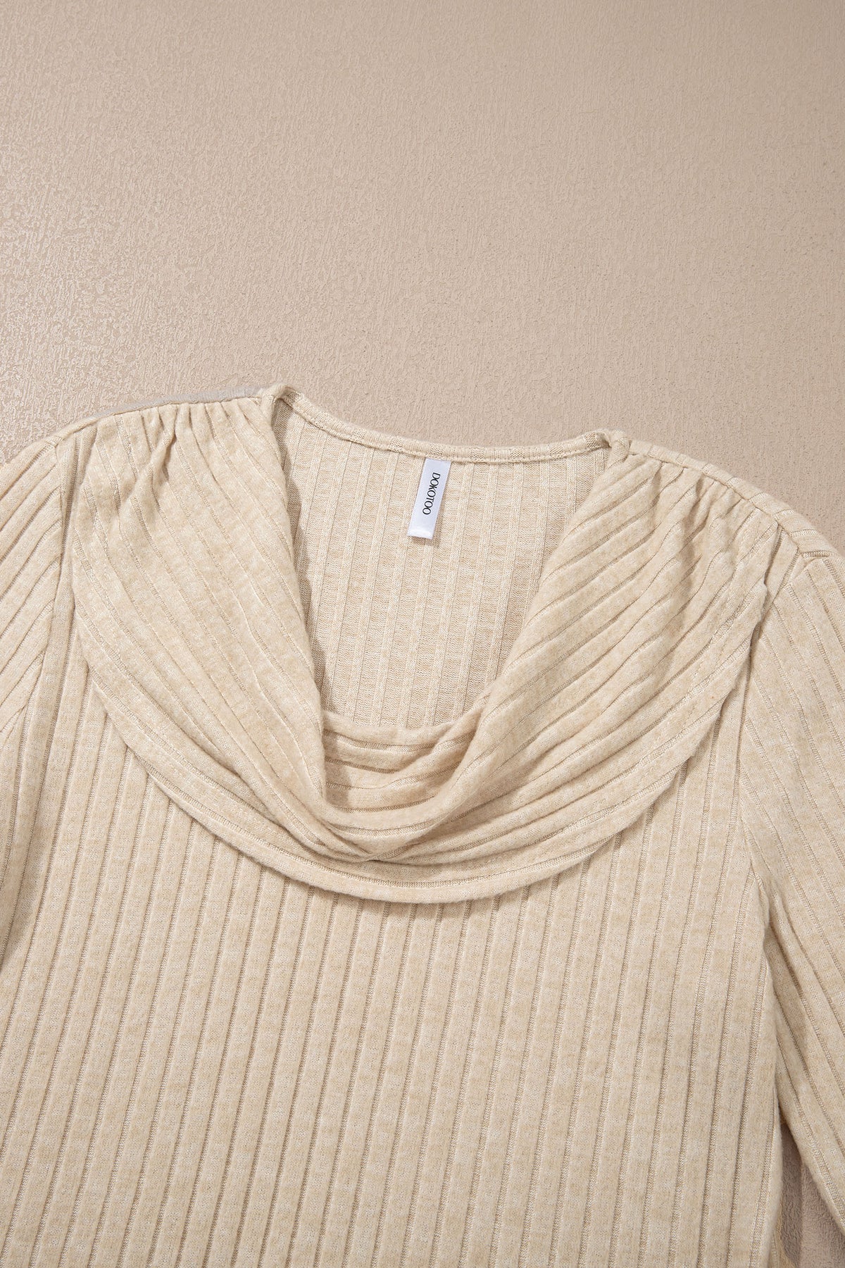 Apricot Solid Color Ribbed Knit Cowl Neck Long Sleeve Top 🇺🇸