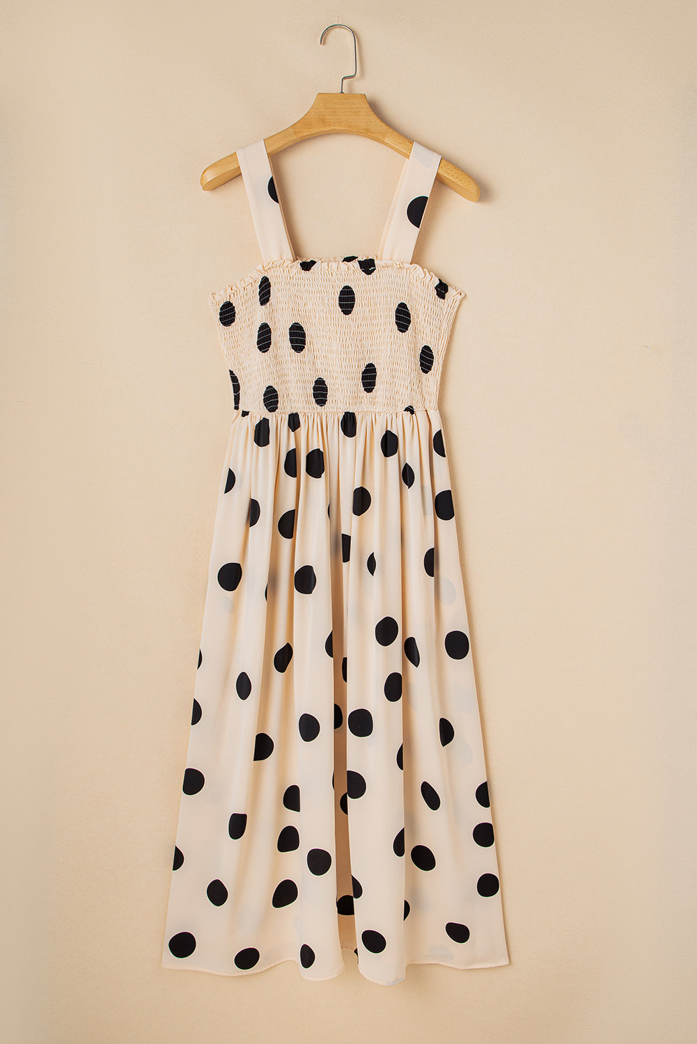 Oatmeal Polka Dot Smocked Fit Flared Sleeveless Long Dress 🇨🇳