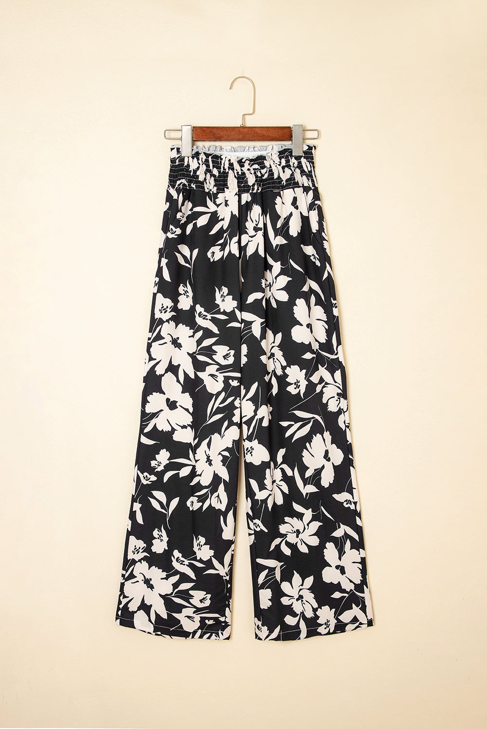 Black Floral Print Smocked High Waist Wide Leg Pants 🇨🇳