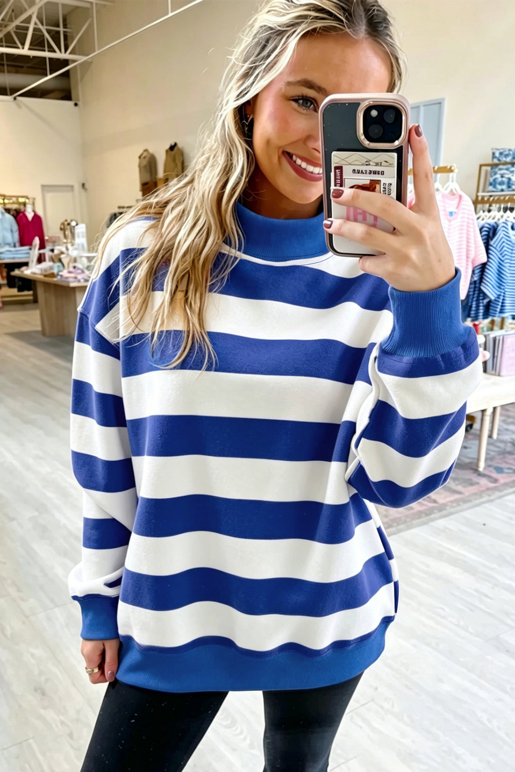 Blue Stripe Colorblock Mock Neck Relaxed Sweatshirt 🇺🇸
