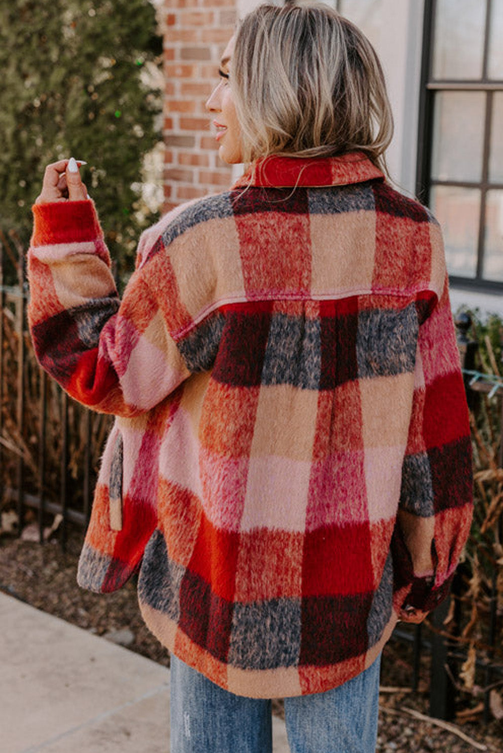 Orange Plaid Print Flap Pockets Buttoned Casual Plus Size Jacket 🇺🇸