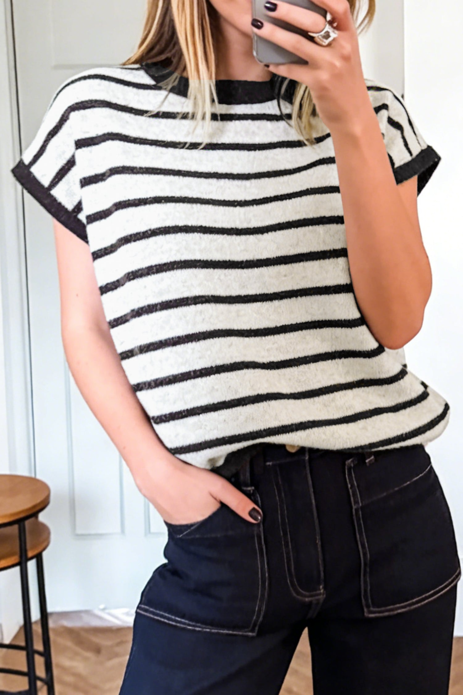 Black Stripe Bow Applique Short Sleeve Sweater 🇺🇸