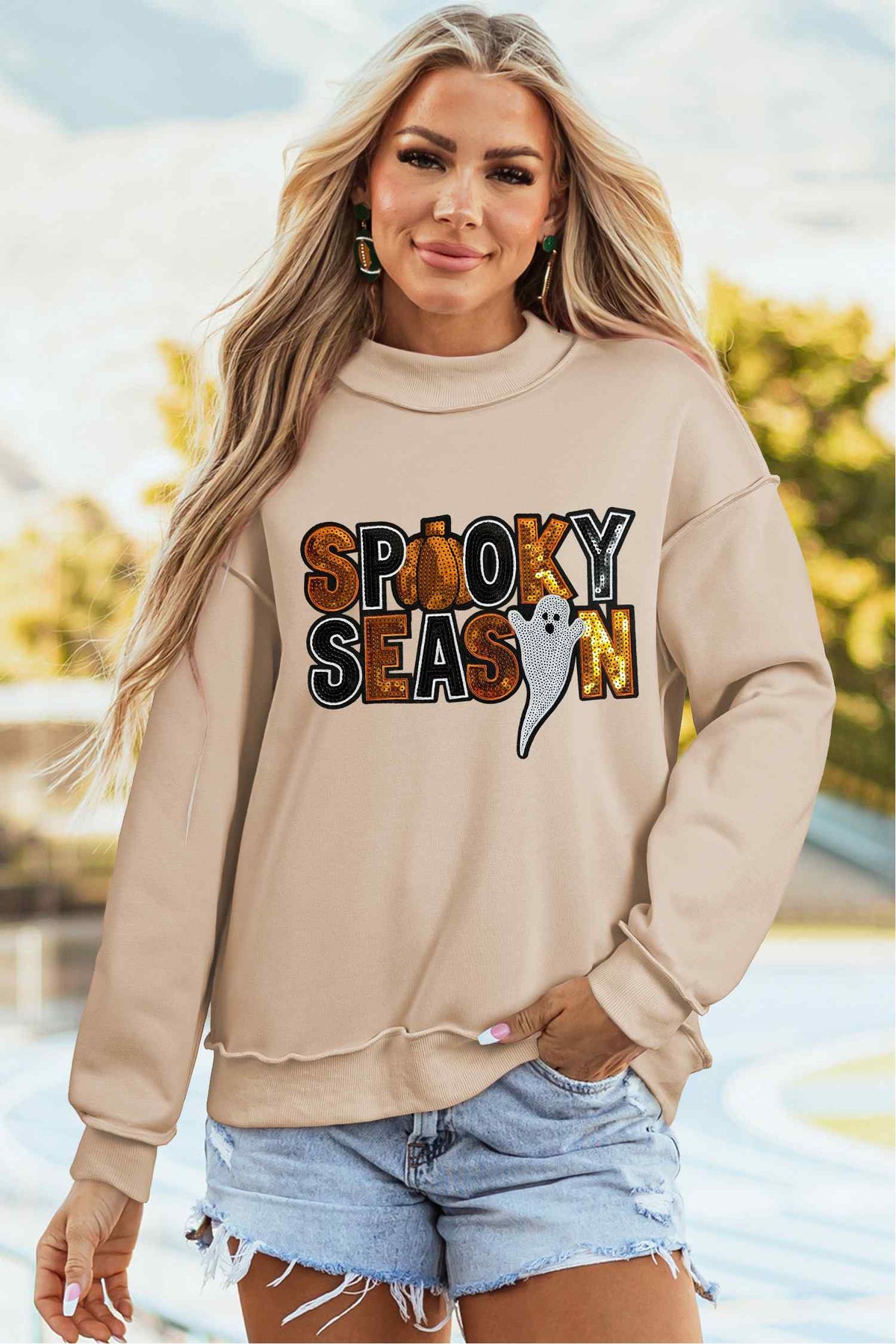 Apricot Sequin Spooky Season Graphic Mock Neck Halloween Sweatshirt 🇺🇸