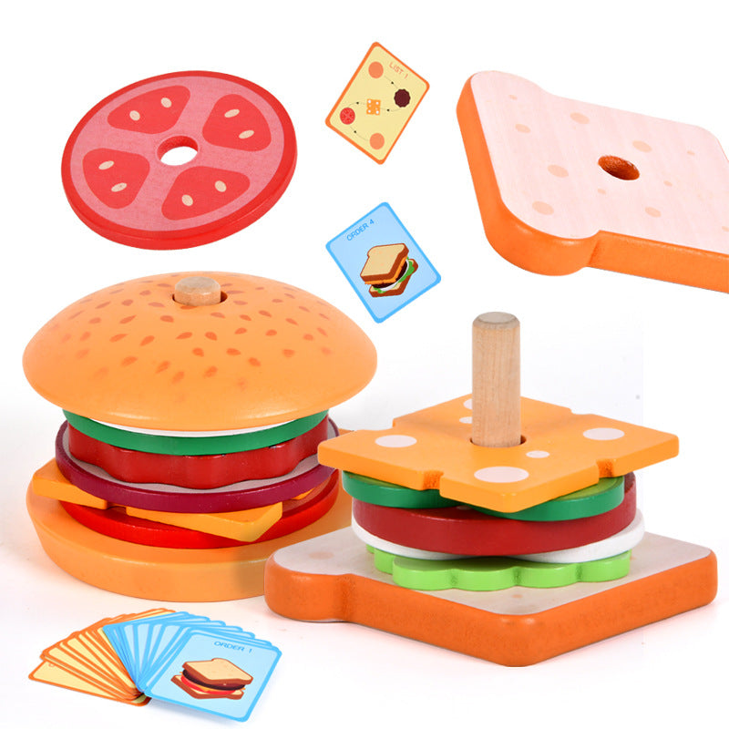 Baby wooden simulation burger, french fries, sandwich set, pillar pairing, food cutting, kitchen utensils, play with toys 🇨🇳
