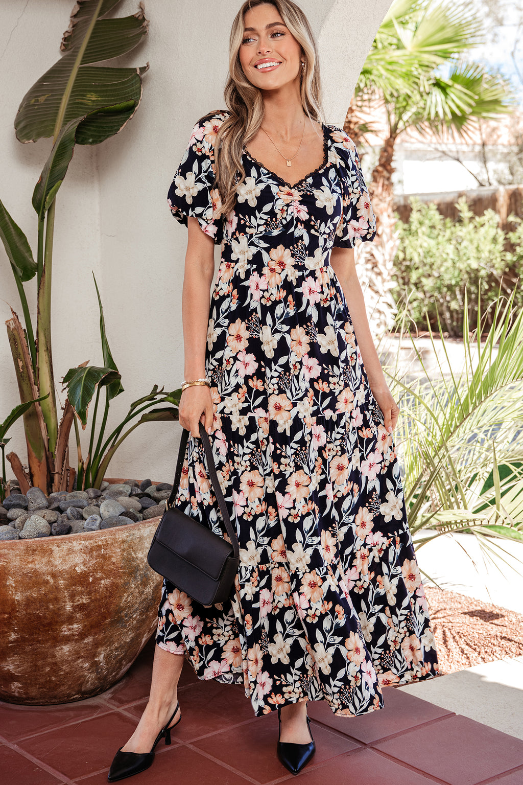 Blue Short Sleeve Smocked Detail High Waist Floral Maxi Dress 🇺🇸