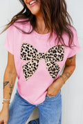 Pink Leopard Bow Embroidered Cotton Round Neck T Shirt 🇺🇸