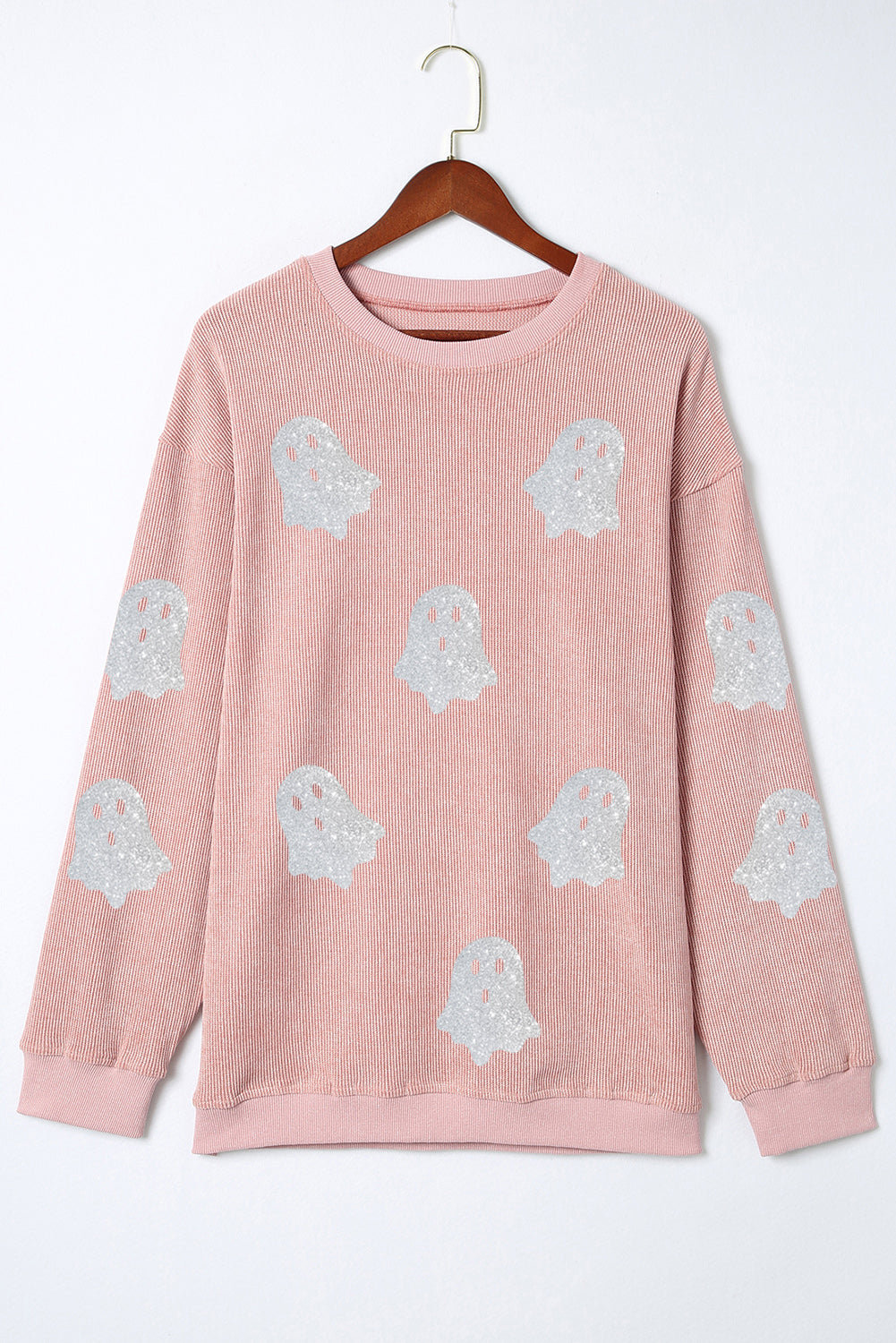 Pink Halloween Ghost Corded Crew Neck Loose Sweatshirt 🇺🇲
