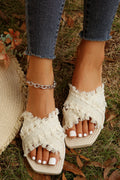 Beige Tassel Woven Crossed Straps Flat Slippers 🇨🇳