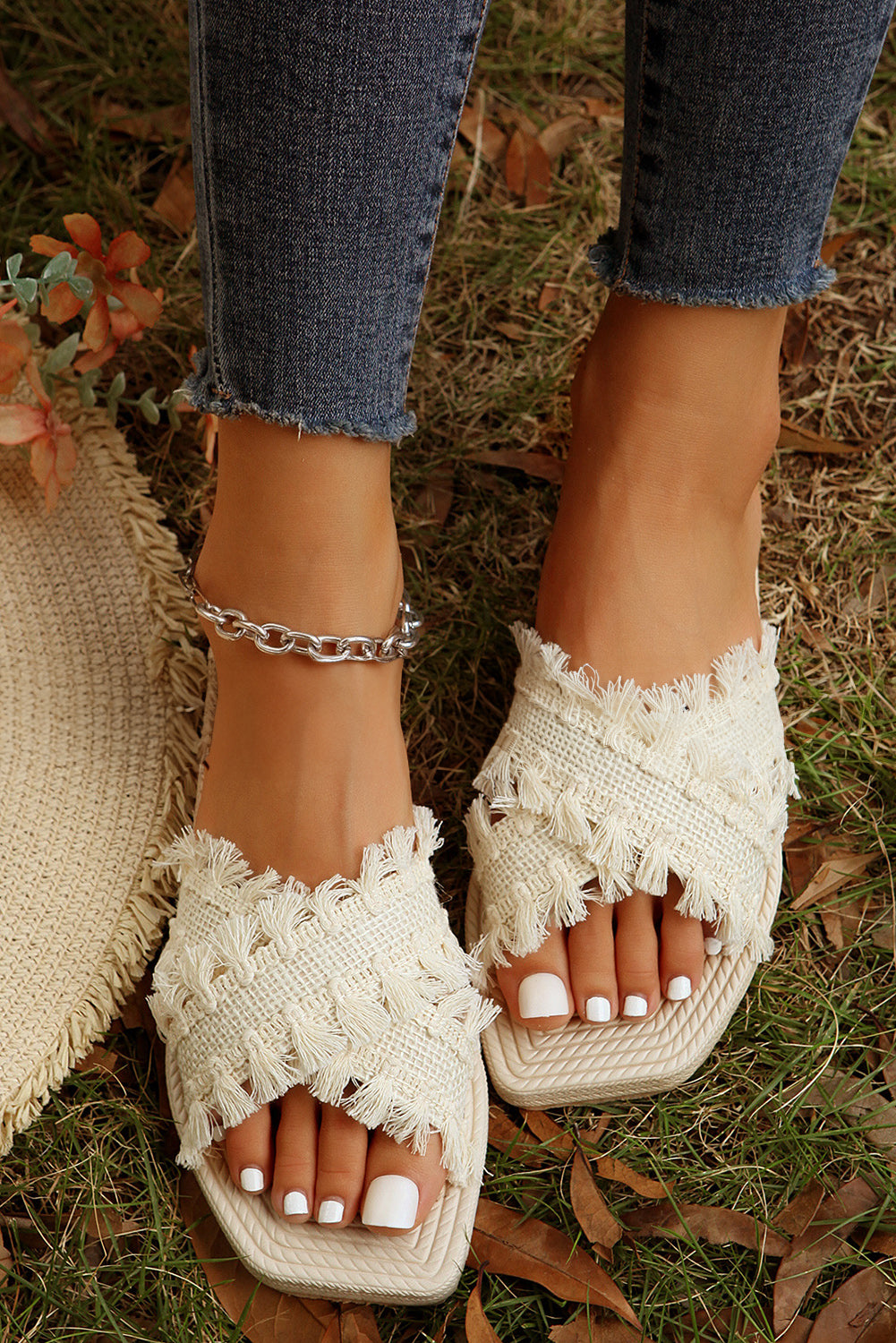 Beige Tassel Woven Crossed Straps Flat Slippers 🇨🇳