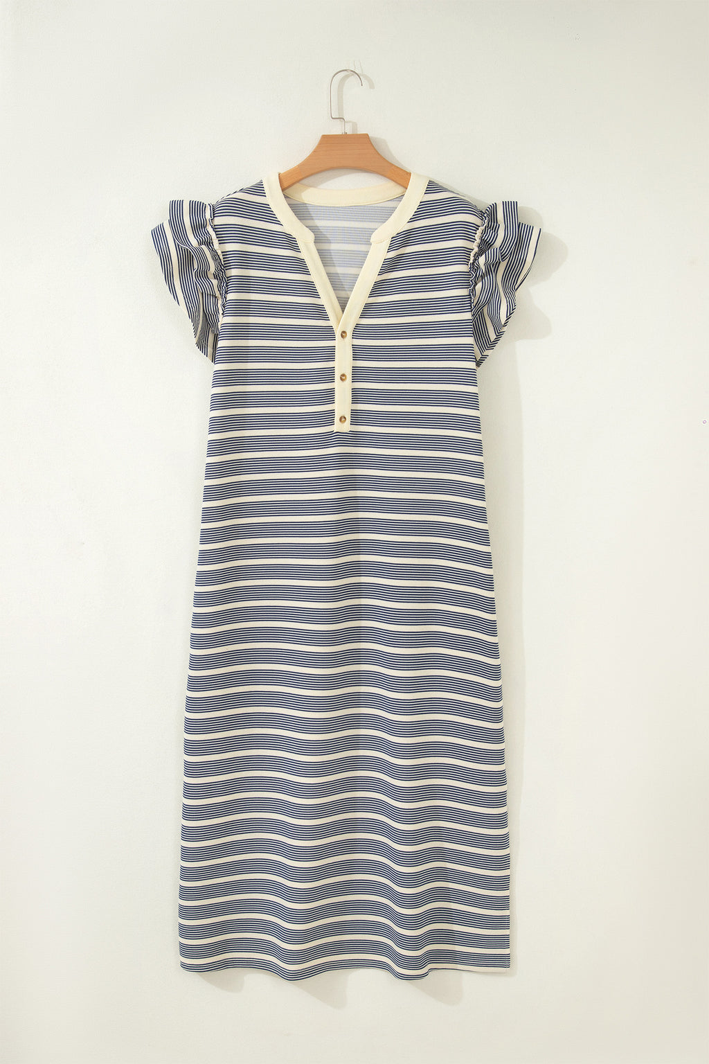 Blue Stripe Plus Size Contrast Trim Button V Neck Ruffle Sleeve Shift Dress 🇺🇸