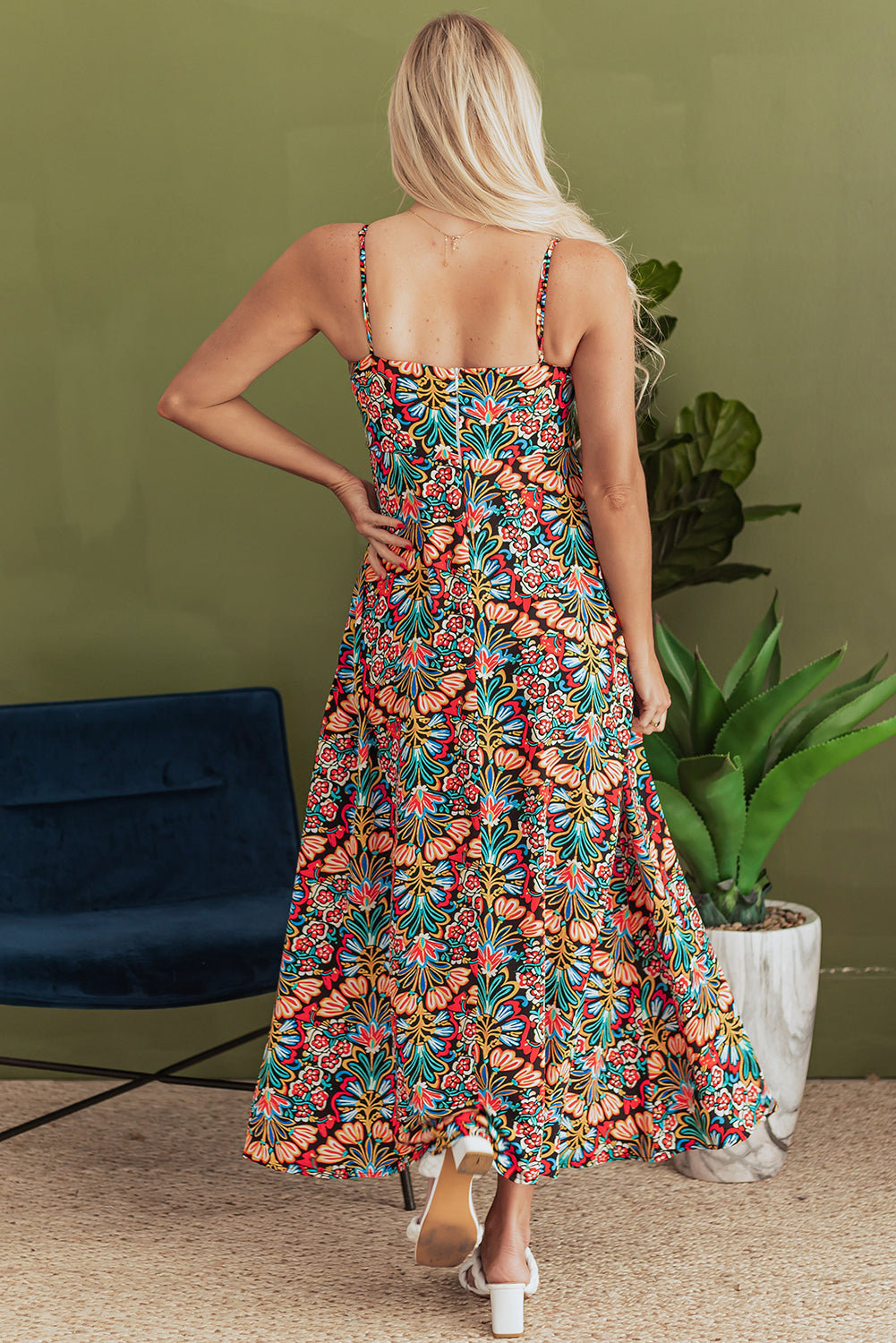 Black Boho Floral Print Thin Straps Sleeveless High Waist Maxi Dress 🇺🇸