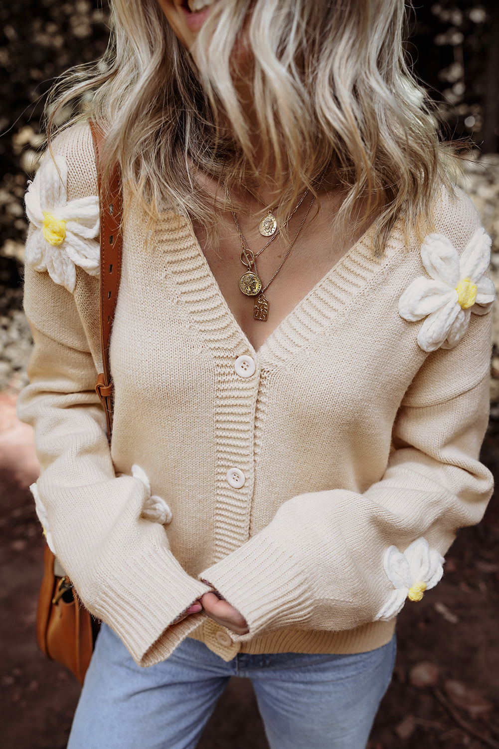 Parchment Elegant Flower Decor Button Front Cardigan 🇨🇳