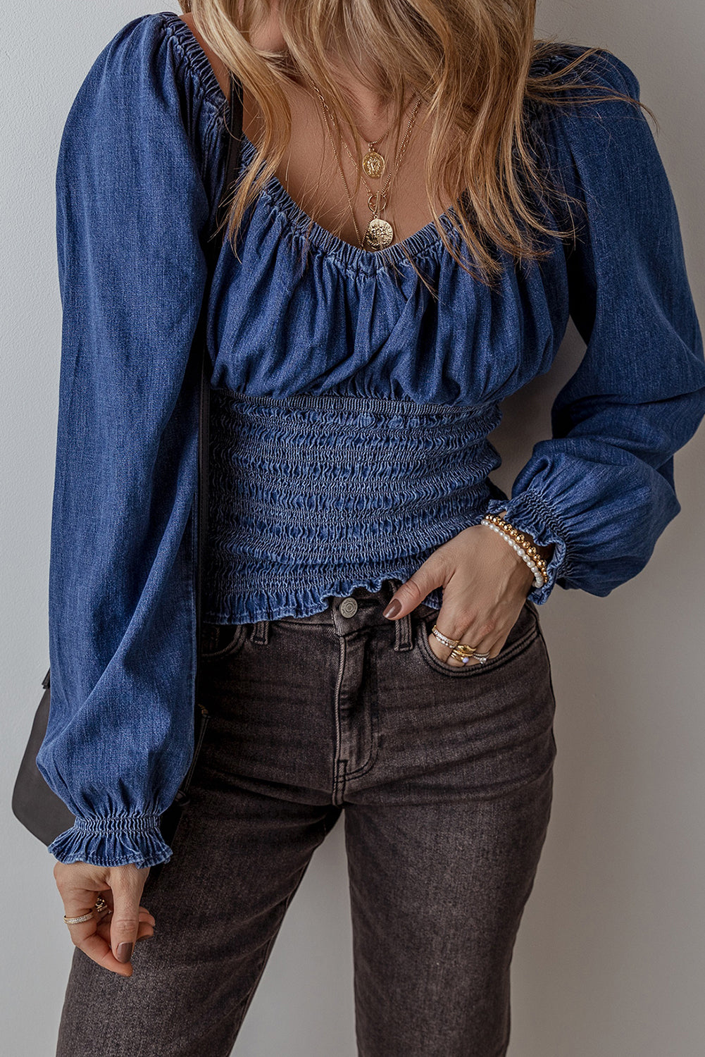 Dark Blue Smocked Ruffled Puff Sleeve V Neck Denim Blouse 🇨🇳