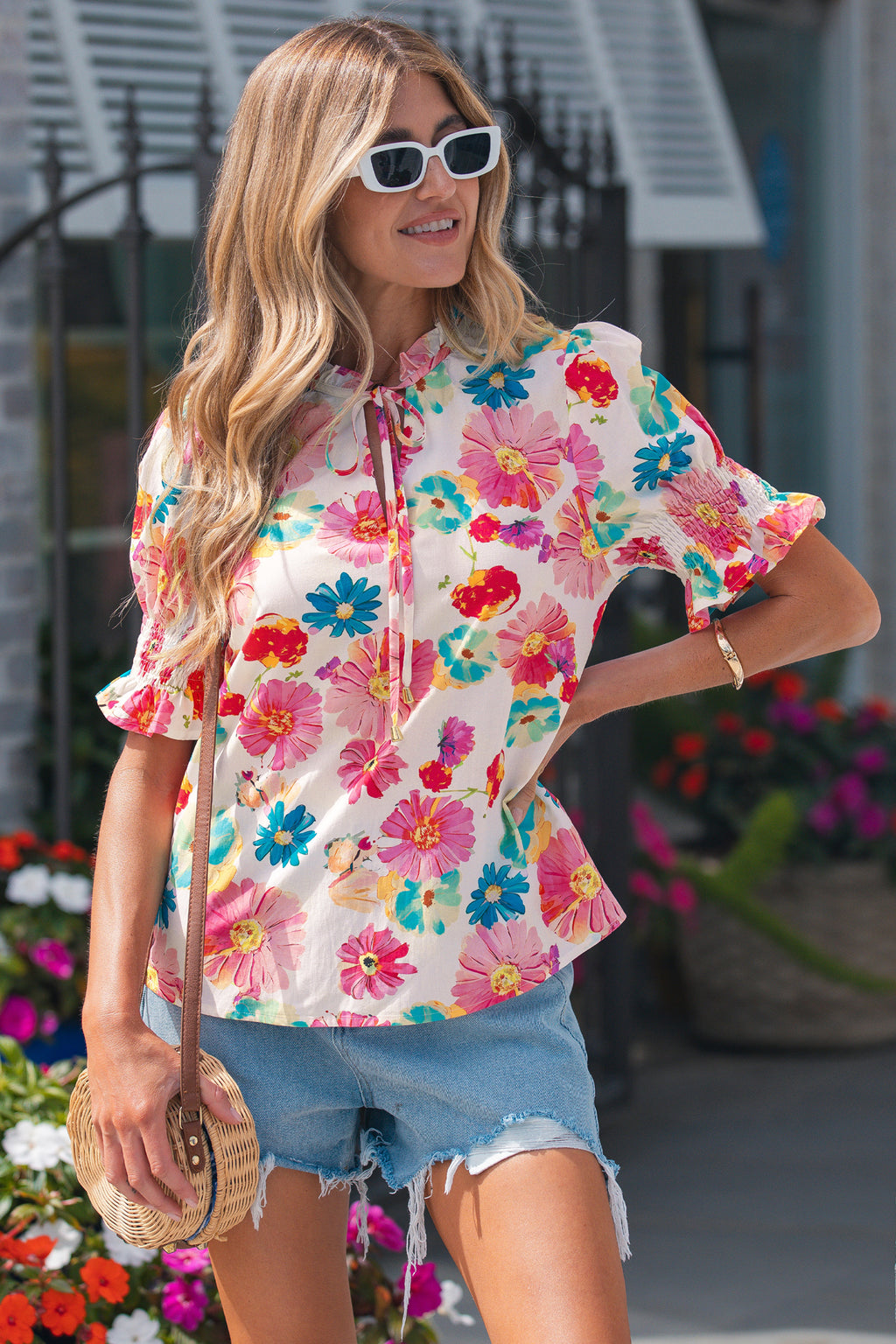 Beige Vibrant Summer Floral Tie V Neck Short Puff Sleeve Blouse 🇺🇸