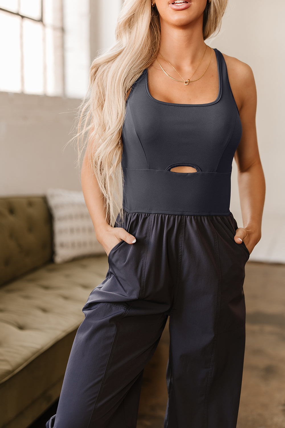 Carbon Grey Back Crossed Straps Hollow Out Jogger Jumpsuit 🇺🇸