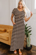 Black Stripe Casual Round Neck T-shirt Maxi Dress with Pockets 🇺🇸