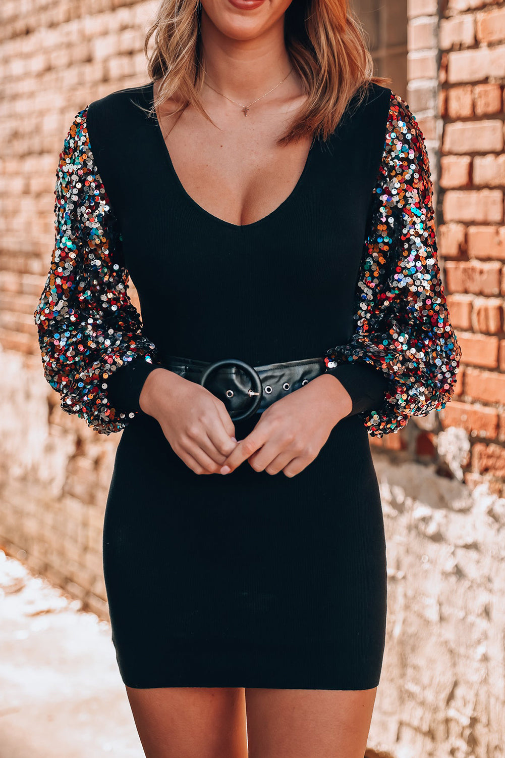 Black Sequin Bishop Sleeve U Neck Mini Sweater Dress 🇺🇸