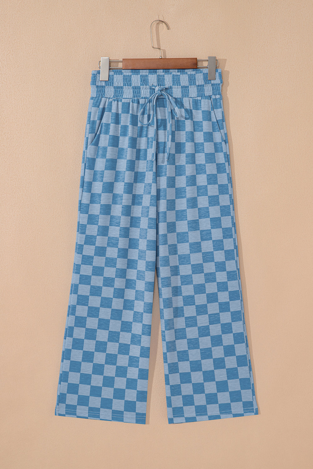 Sky Blue Checkered Elastic High Waist Loose Casual Pants 🇨🇳