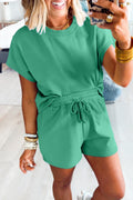Sea Green Solid Color Loose Tee Drawstring Shorts 2pcs Outfit 🇺🇸