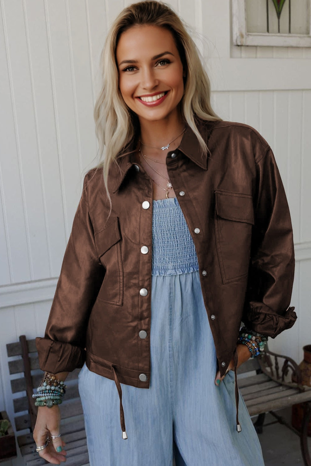 Chicory Coffee Double Flap Pocket Drawstring Hem Leather Jacket 🇺🇸