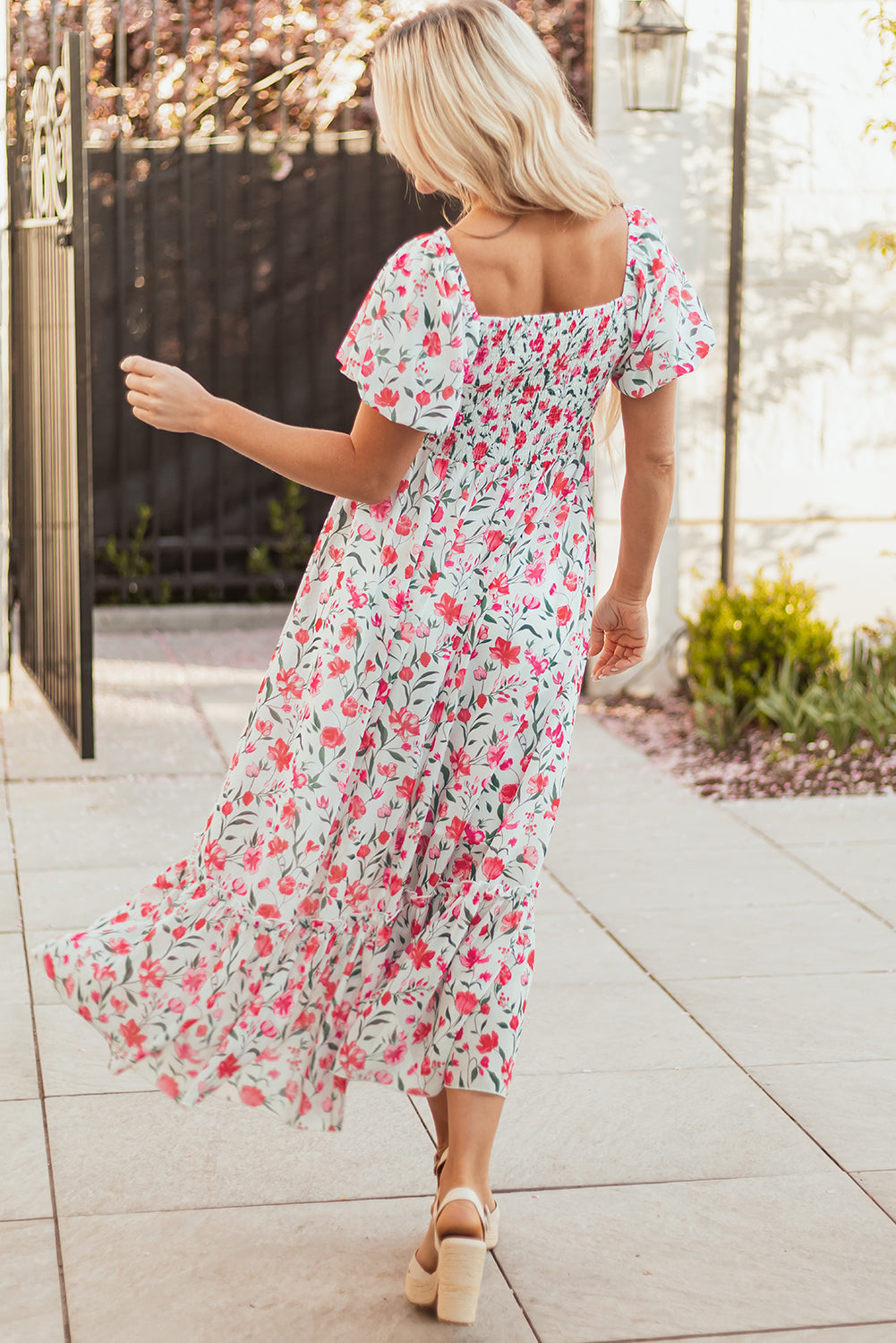 Pink Floral Puff Sleeve Square Neck Empire Waist Tiered Maxi Dress 🇨🇳