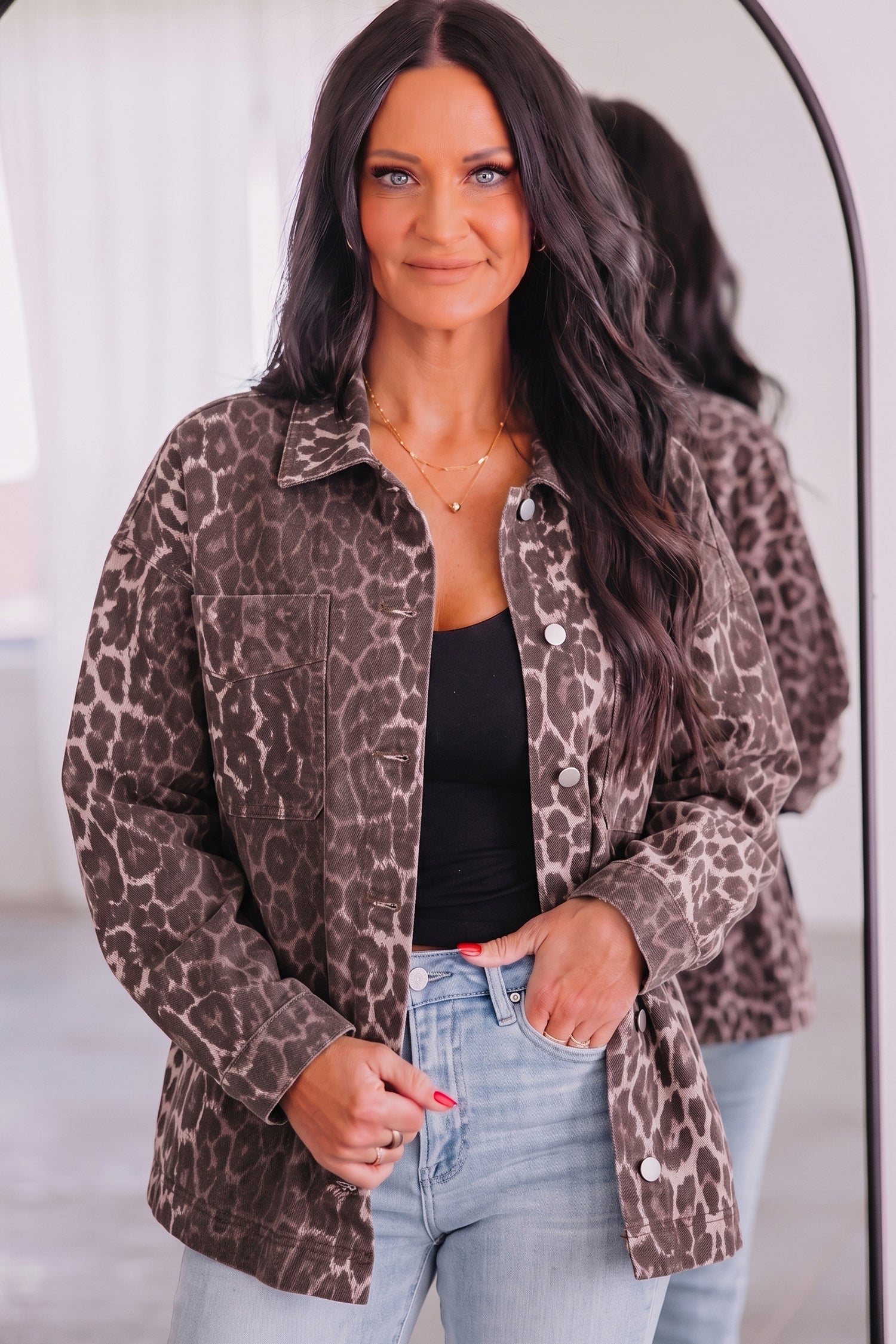 Khaki Oversized Leopard Print Long Sleeve Patch Pocket Denim Jacket 🇺🇸