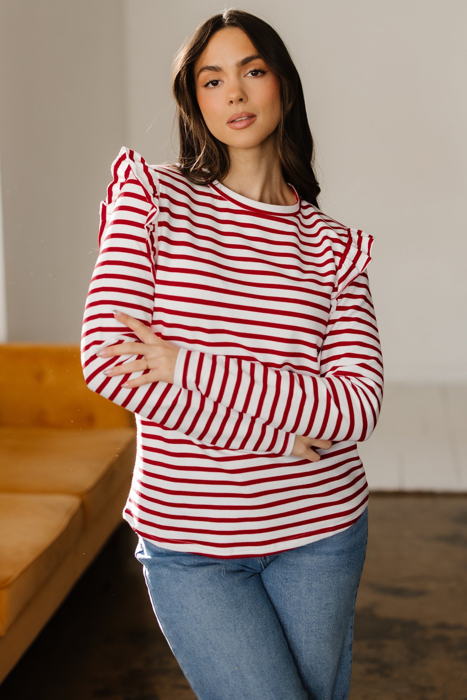 Red Stripe Round Neck Ruffle Trim Long Sleeve Top 🇺🇸