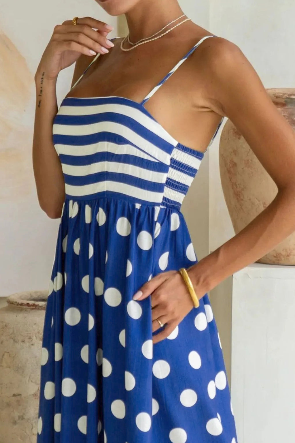 Blue Striped Polka Dot Patchwork High Waist Spaghetti Straps Maxi Dress 🇺🇸