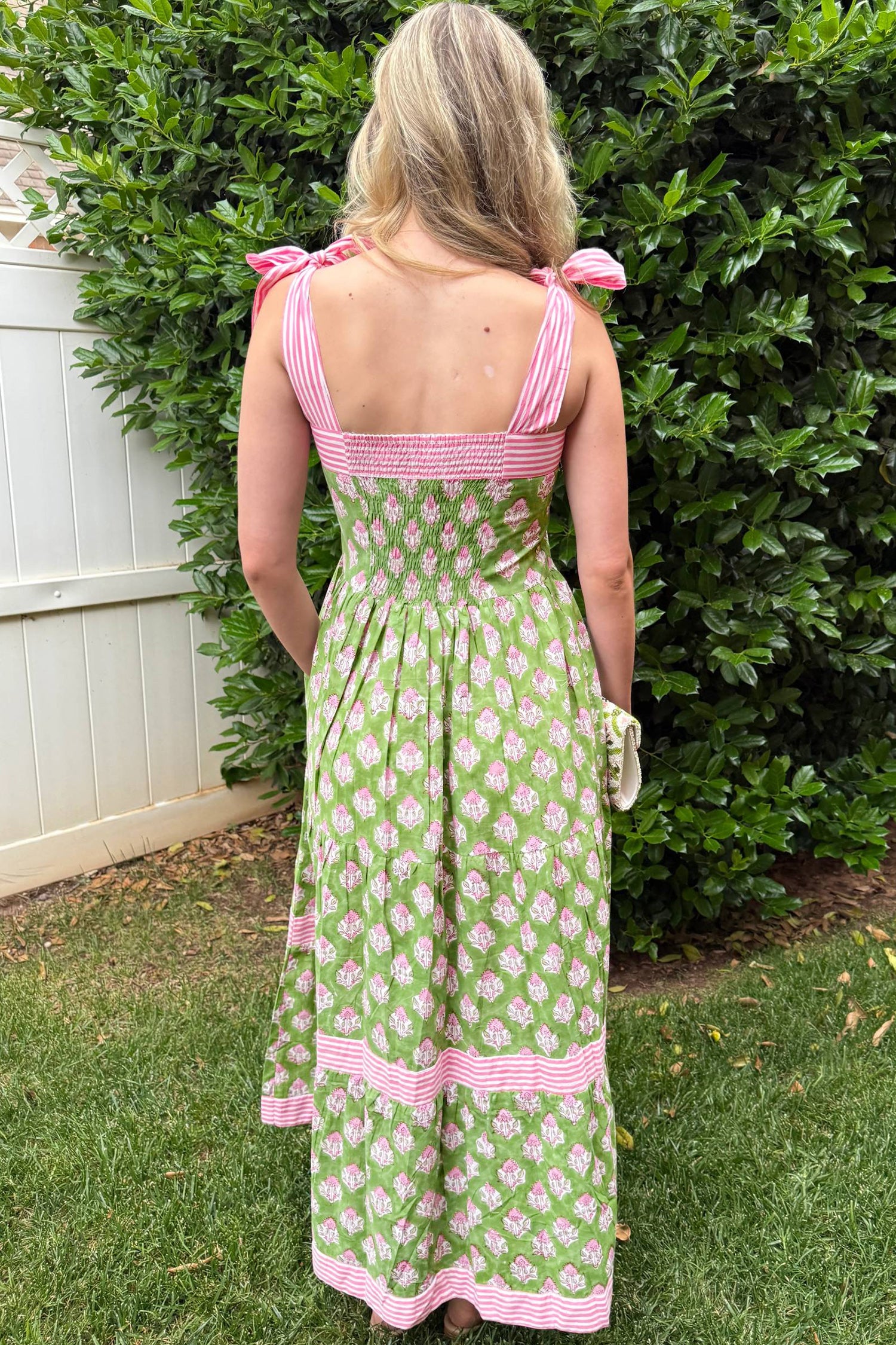 Green Floral Print Striped Detail Knot Straps Maxi Dress 🇺🇸