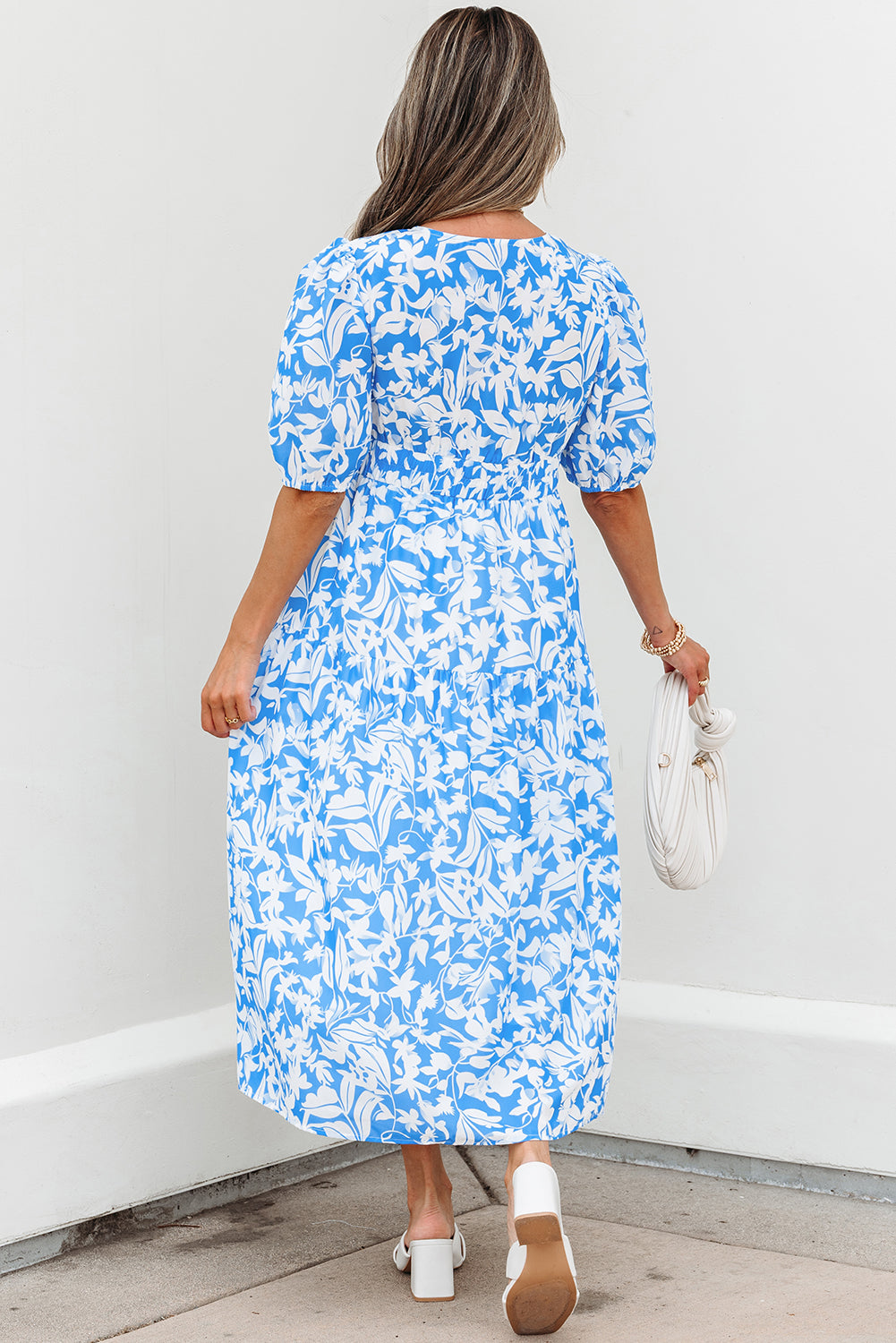 Sky Blue Floral V Neck Puff Short Sleeve Flowy Long Dress 🇺🇸