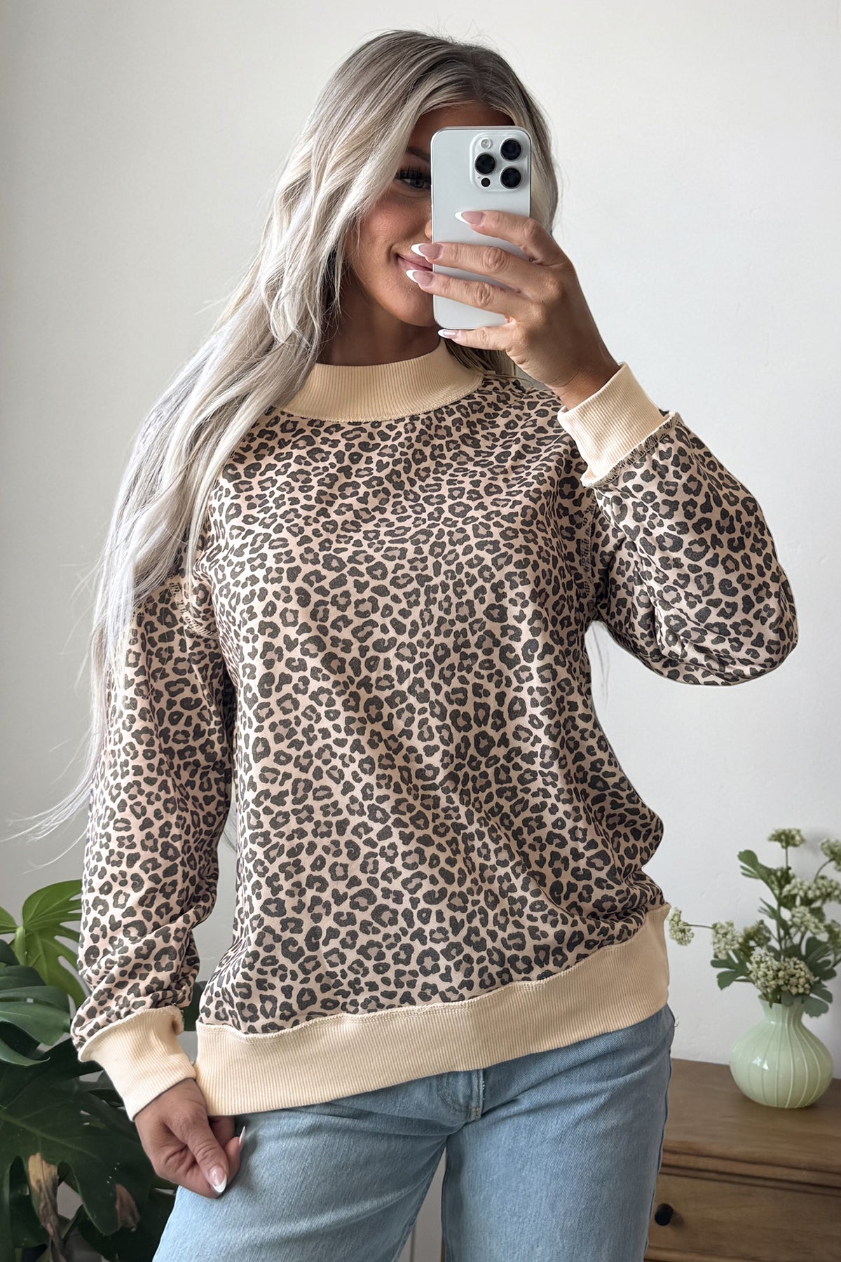 Multicolour Leopard Print High Neck Long Sleeve Ribbed Cuffs Hem Sweatshirt 🇺🇸