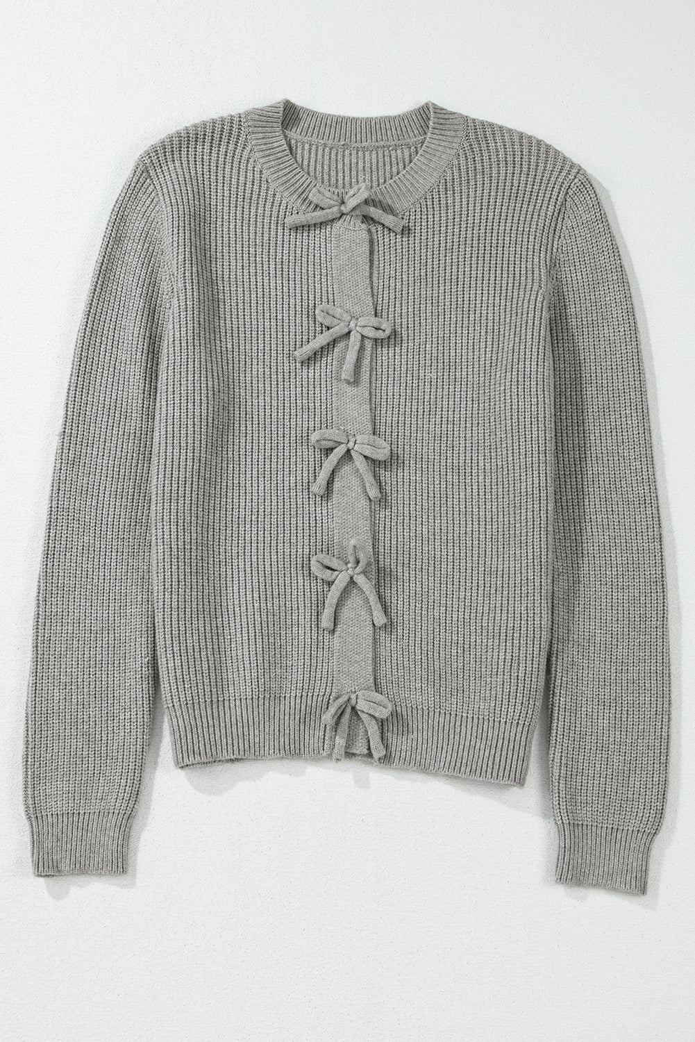 Philippine Gray Ribbed Knit Bow Front Buttoned Cardigan 🇺🇲