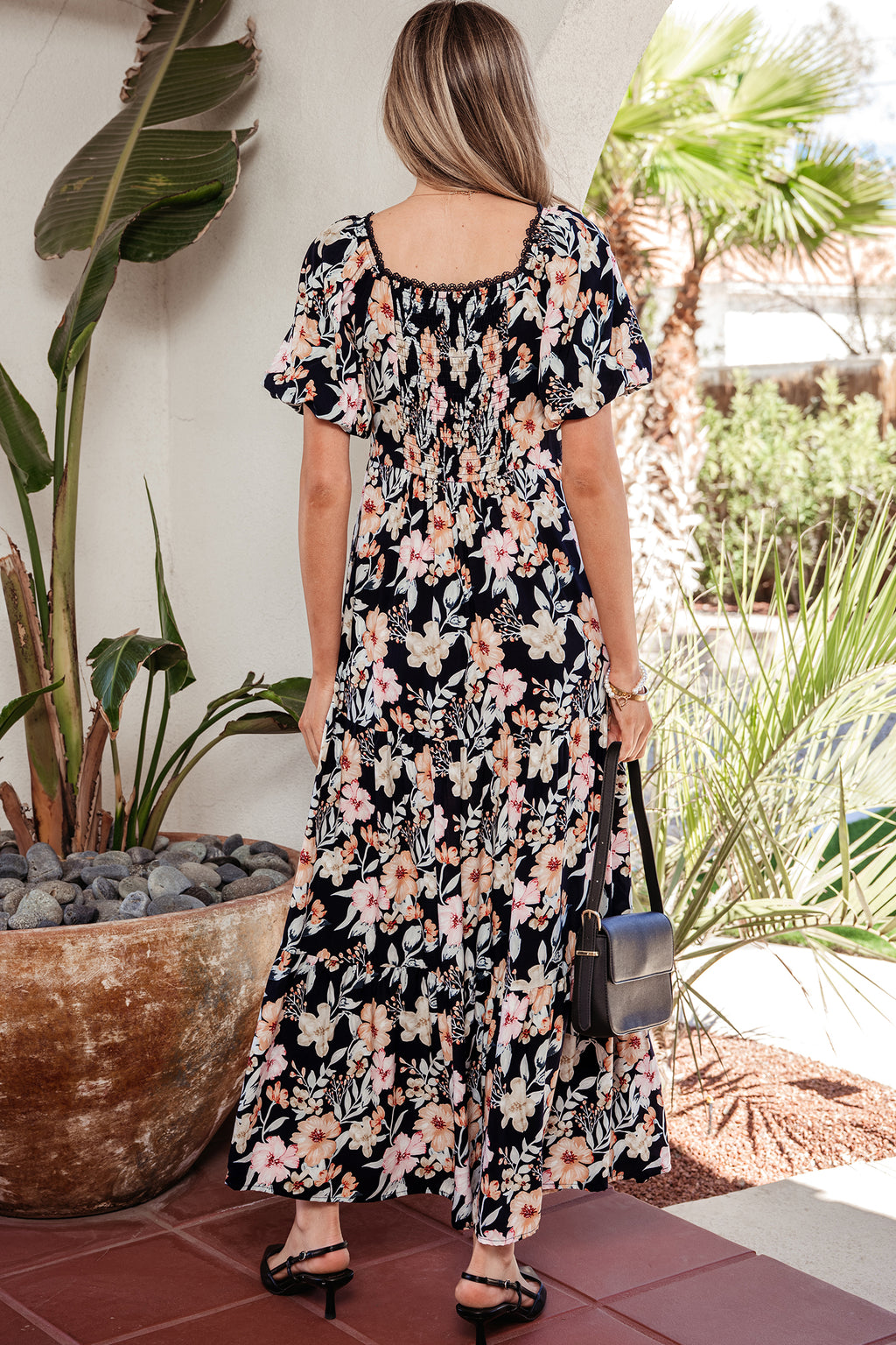 Blue Short Sleeve Smocked Detail High Waist Floral Maxi Dress 🇺🇸