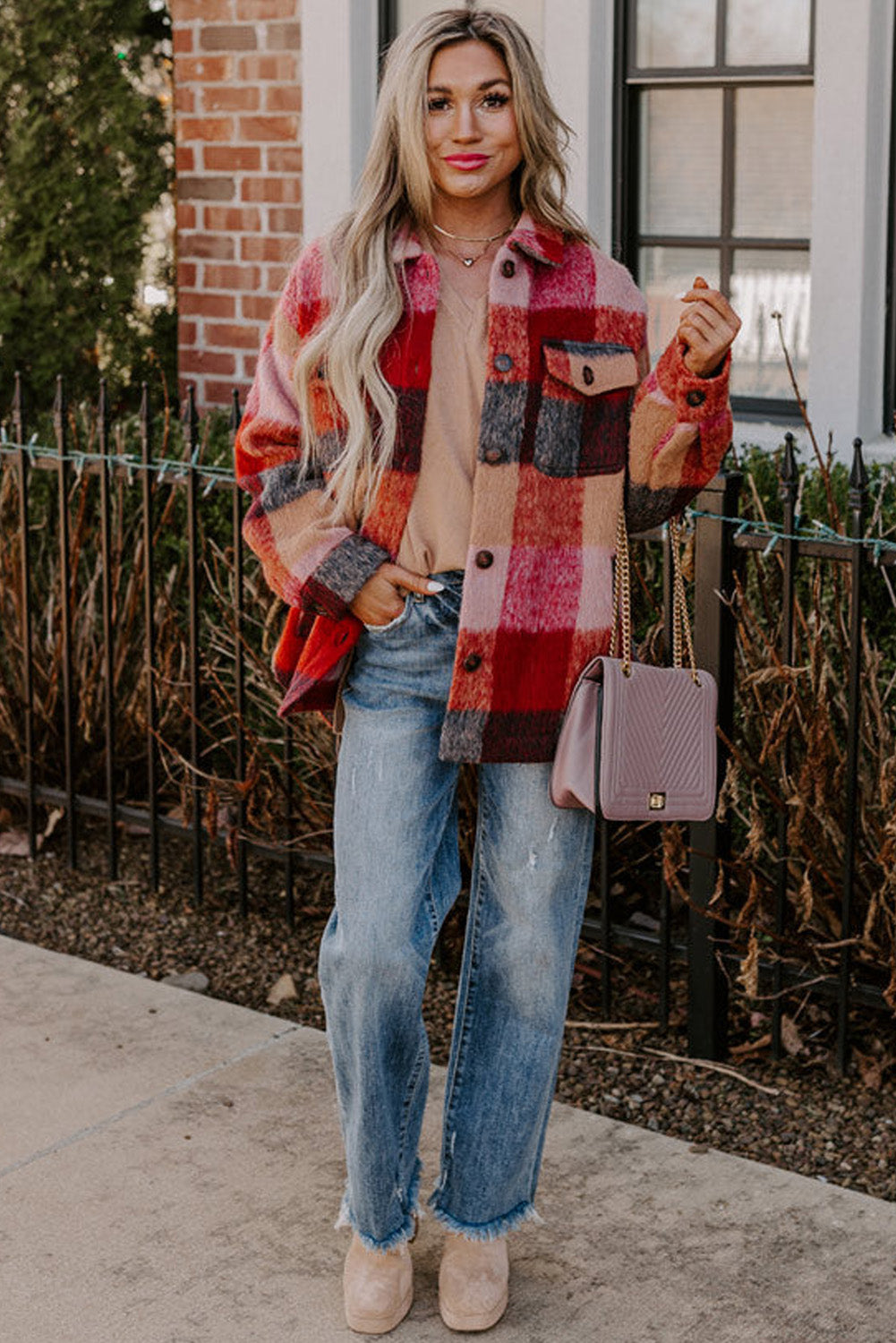 Orange Plaid Print Flap Pockets Buttoned Casual Plus Size Jacket 🇺🇸