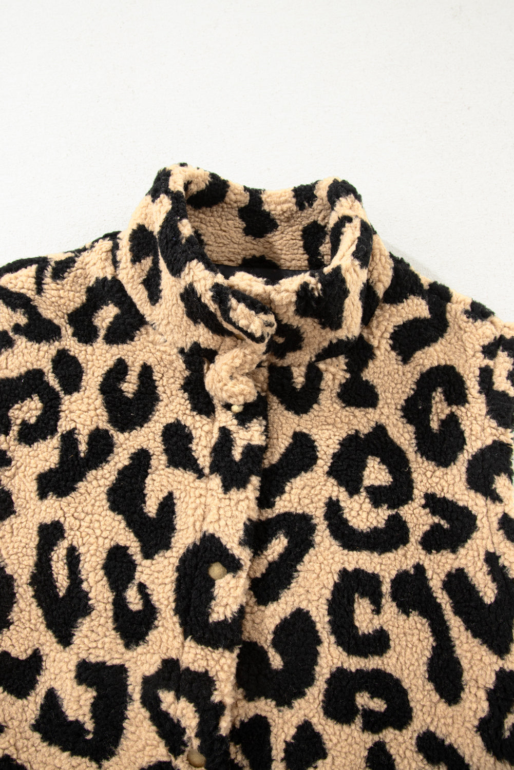 Khaki Leopard Sherpa Button Front Collared Plus Size Vest Jacket 🇺🇸
