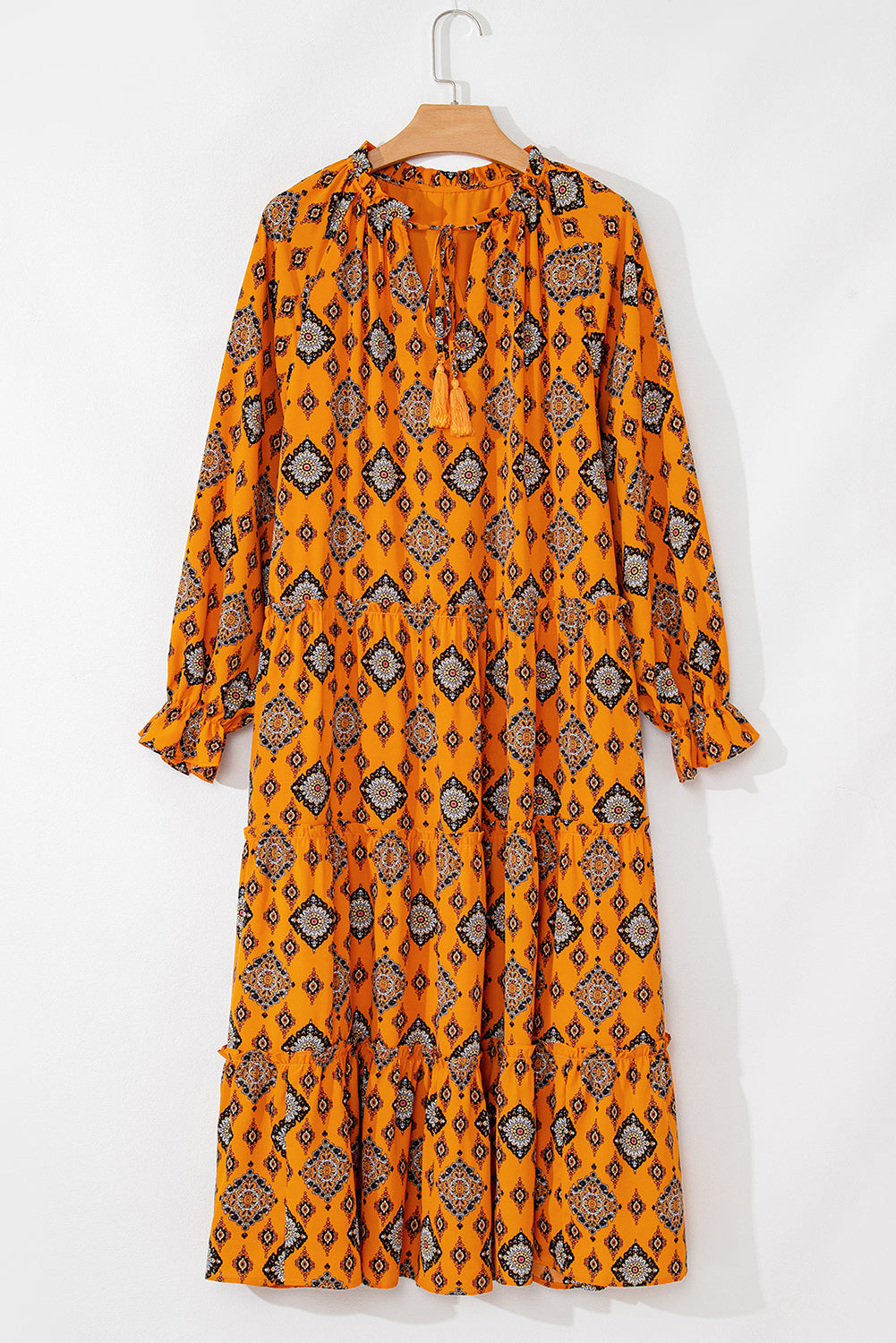 Orange Western Geometric Print Tiered Frilled Loose Fit Midi Dress 🇺🇲
