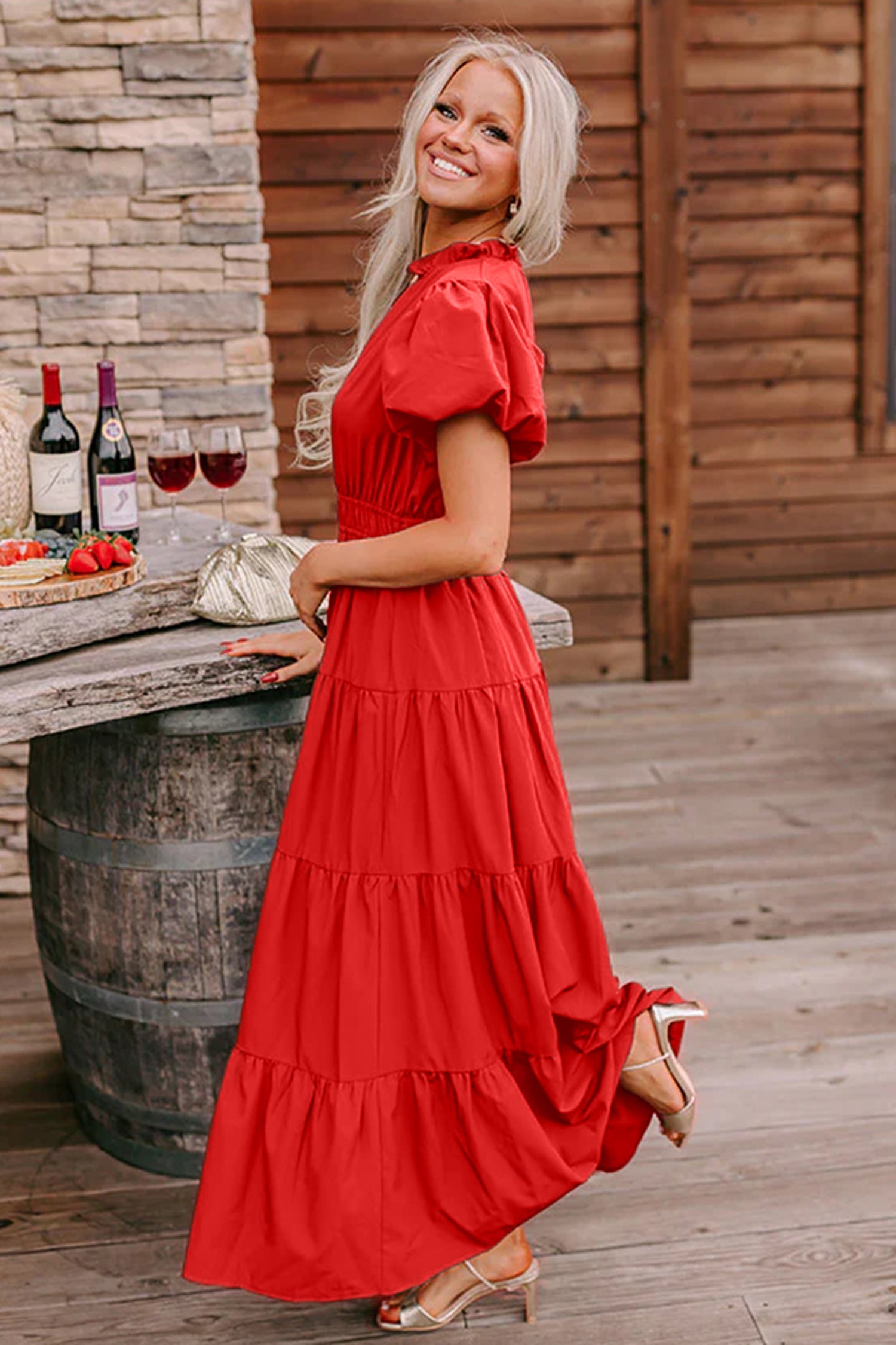 Coral Solid Color V Neck Short Puff Sleeve High Waist Tiered Maxi Dress 🇺🇸