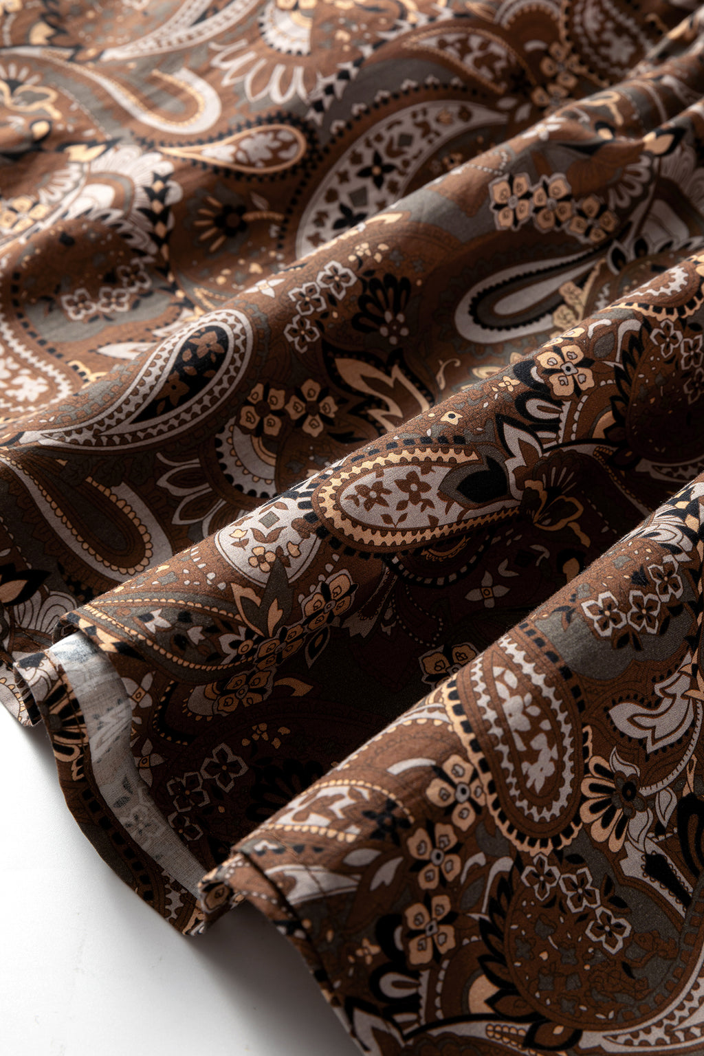 Brown Paisley Print Half Buttons Puff Sleeve Flowy Short Dress 🇺🇸