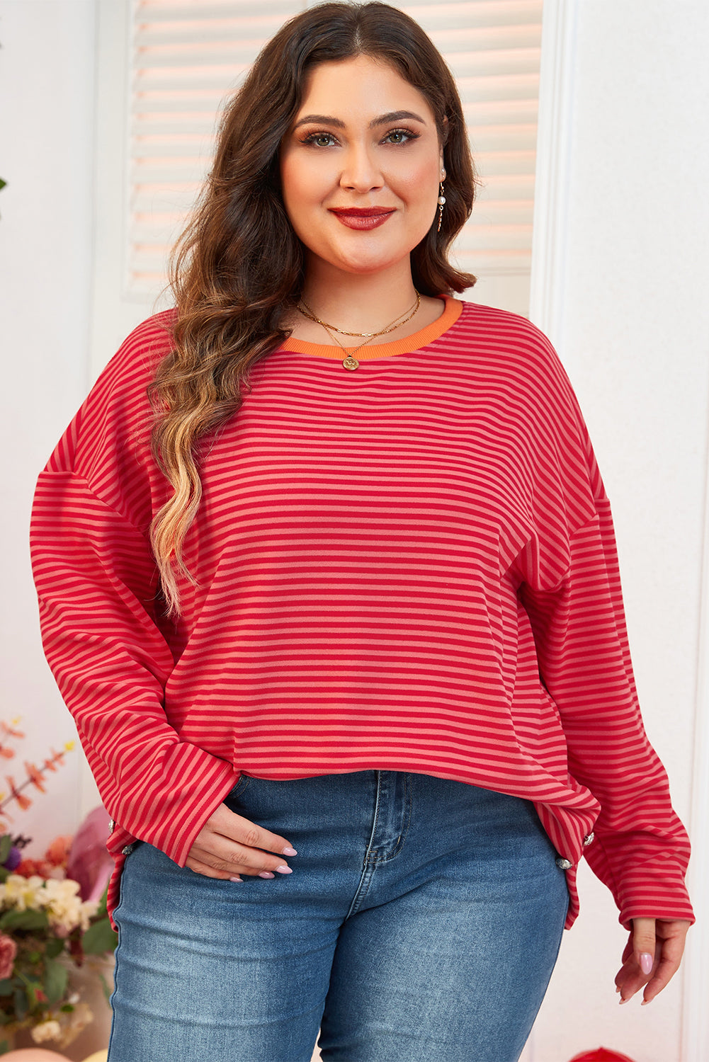 Orange Stripe Plus Size Drop Shoulder Long Sleeve Buttoned Decor Top 🇨🇳